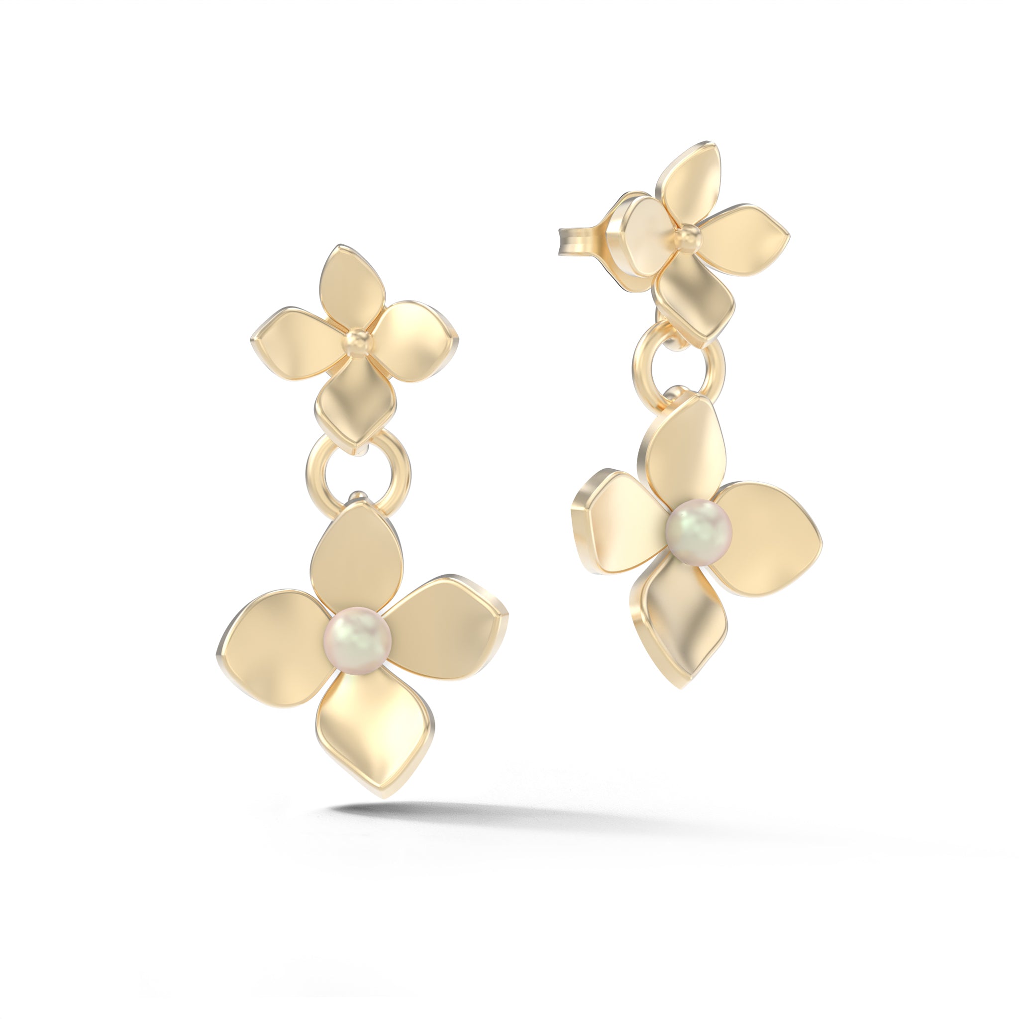 Yellow gold flower drop earrings with pearl centers