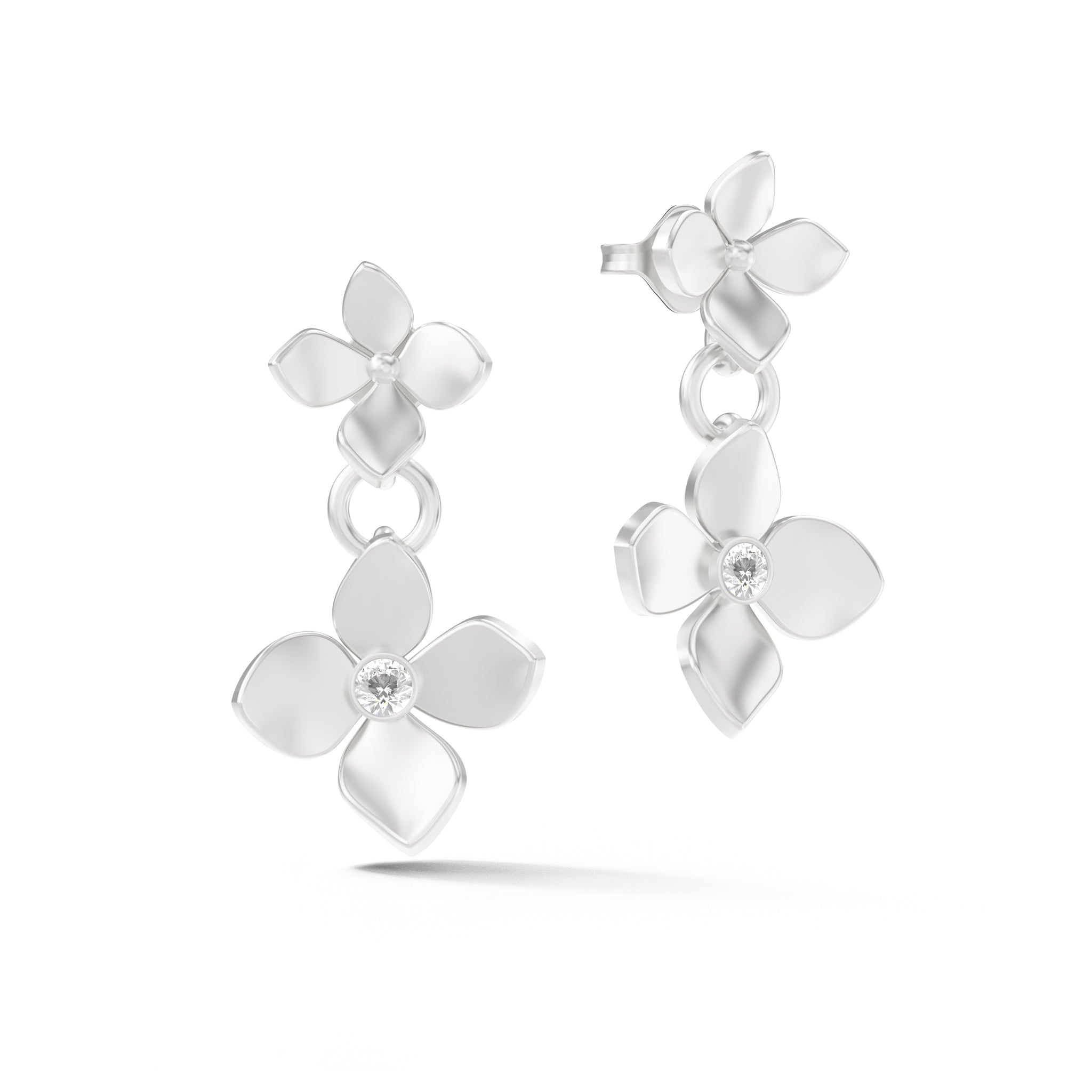 14k white gold floral dangle earrings with diamond accents and polish finish