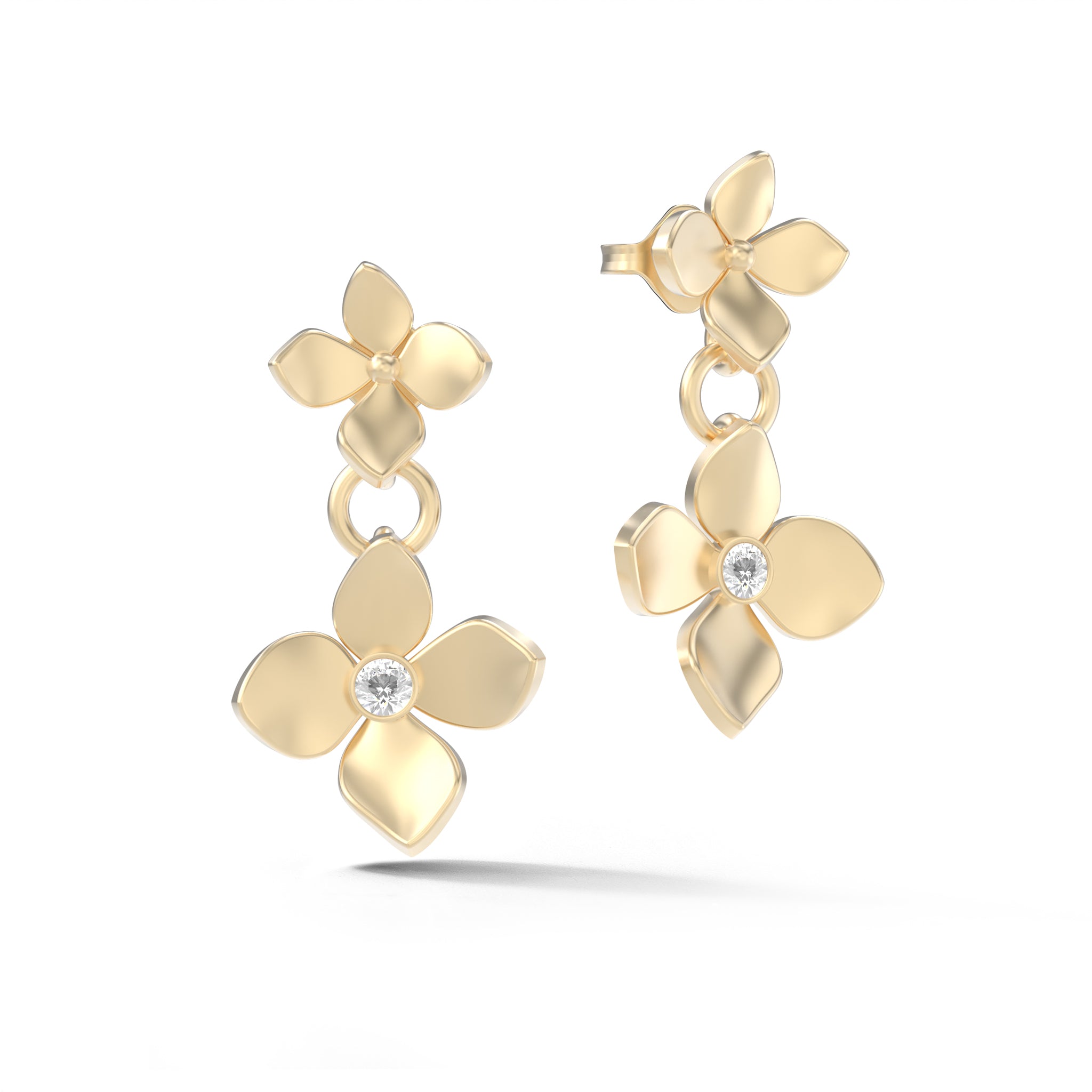 14k yellow gold floral dangle earrings with diamond accents and polish finish