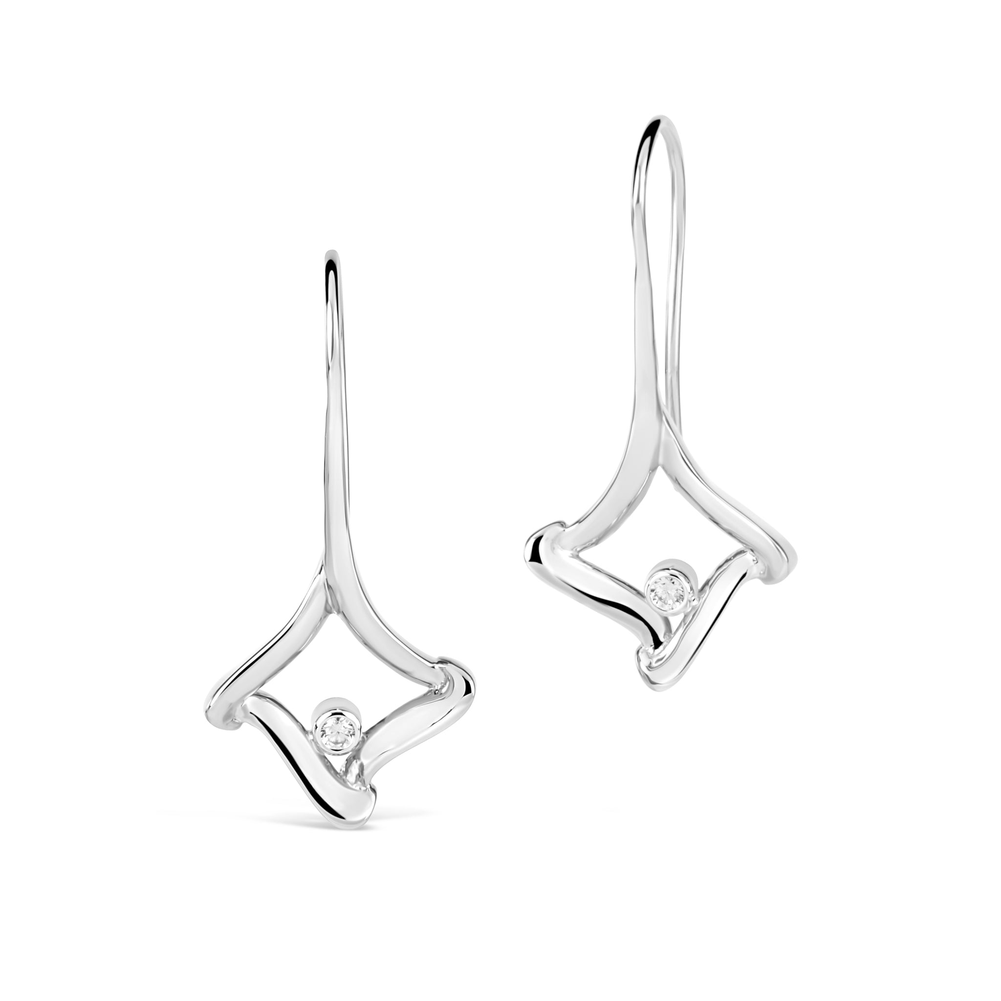 14K white gold trifold drop earrings with bezel-set diamonds and French wire backs