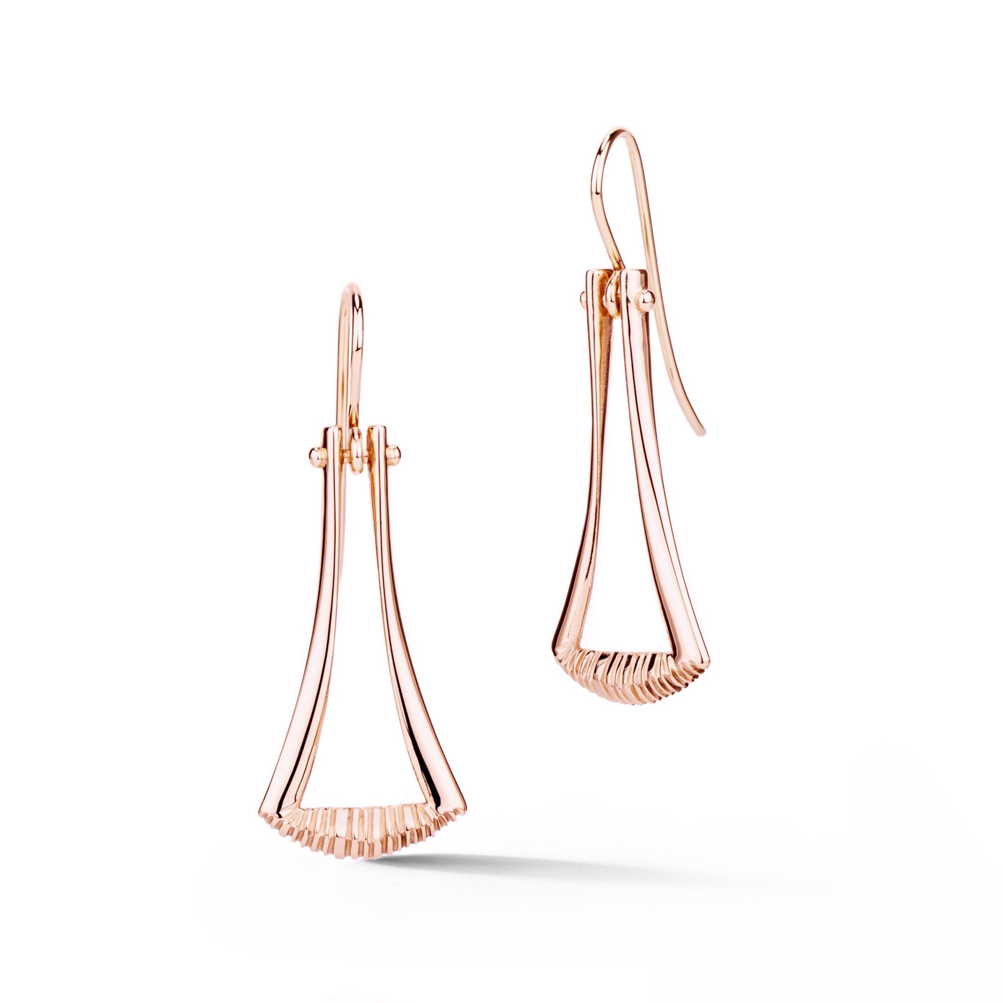 14k rose gold flared dangle earrings with textured fan design