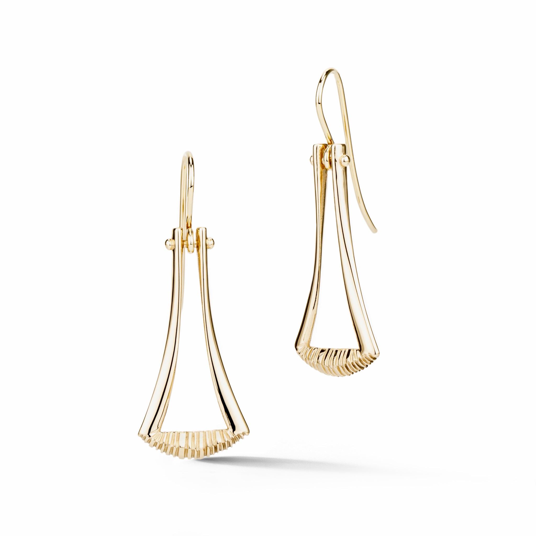 14k yellow gold flared dangle earrings with textured fan design 