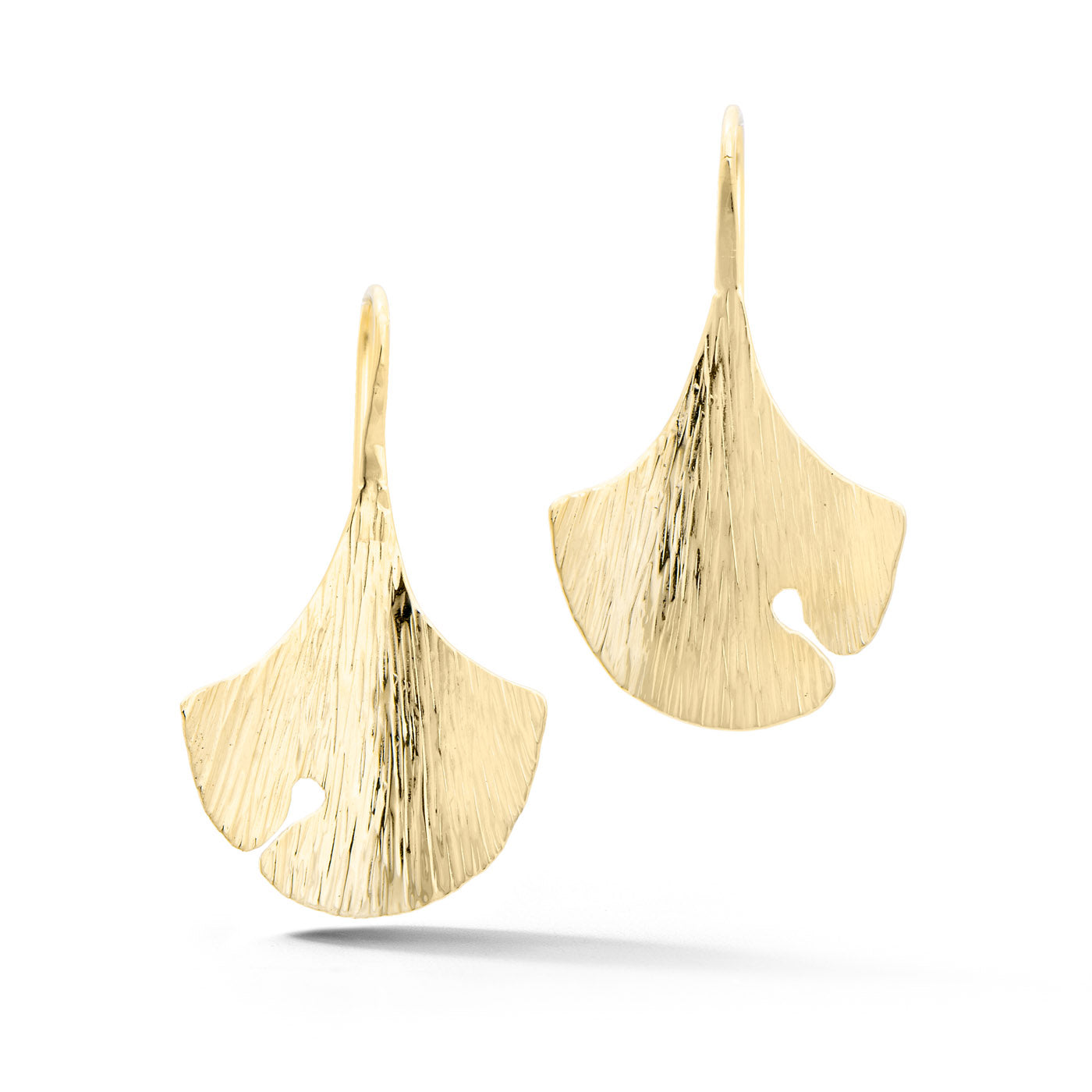 14K yellow gold ginkgo leaf drop earrings with brushed texture 