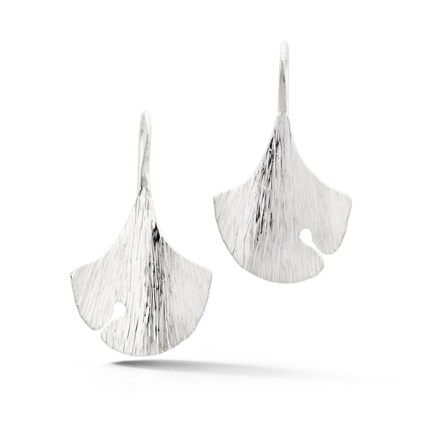  14K white gold ginkgo leaf drop earrings with brushed texture 