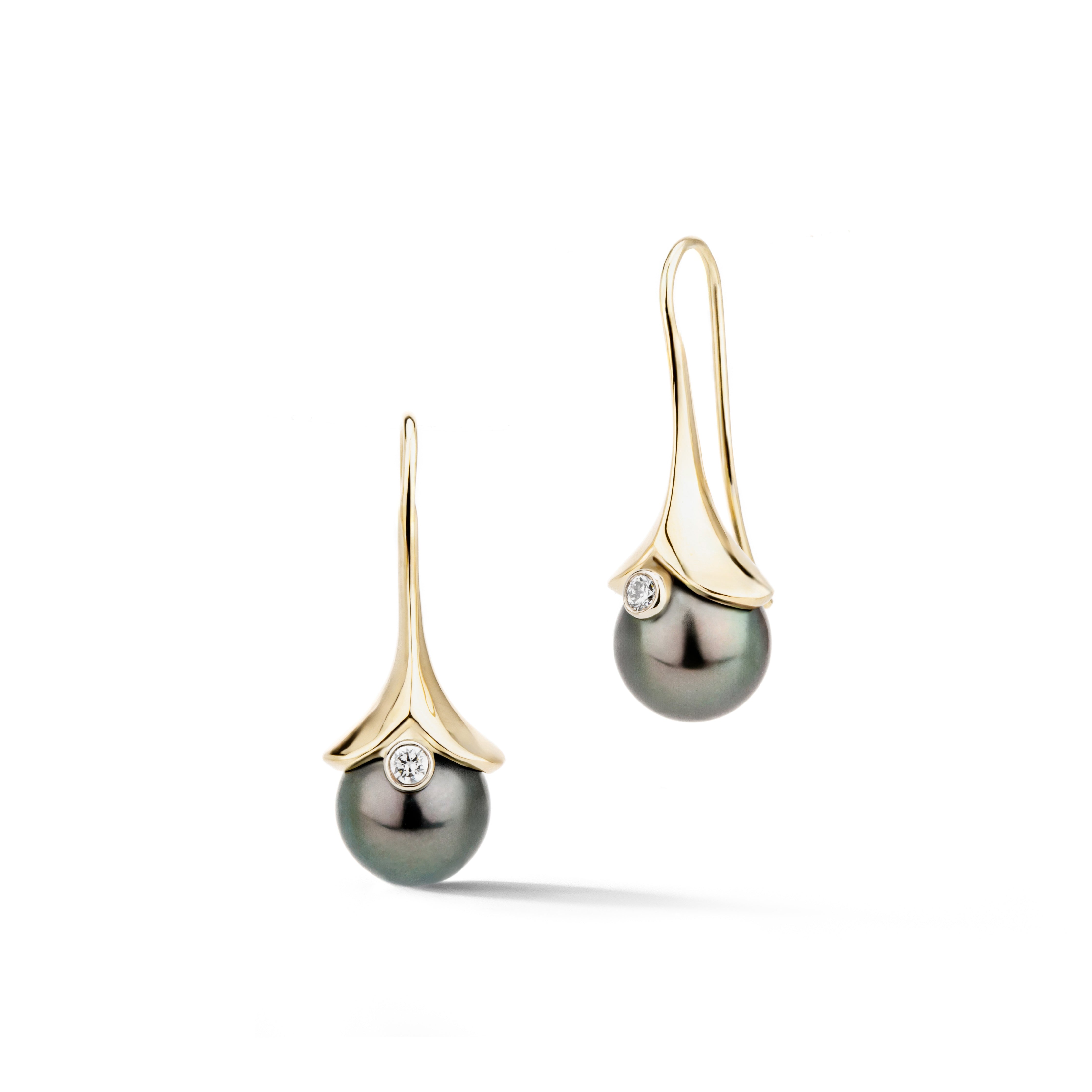 14k yellow gold Tahitian pearl and diamond drop earrings with petal setting
