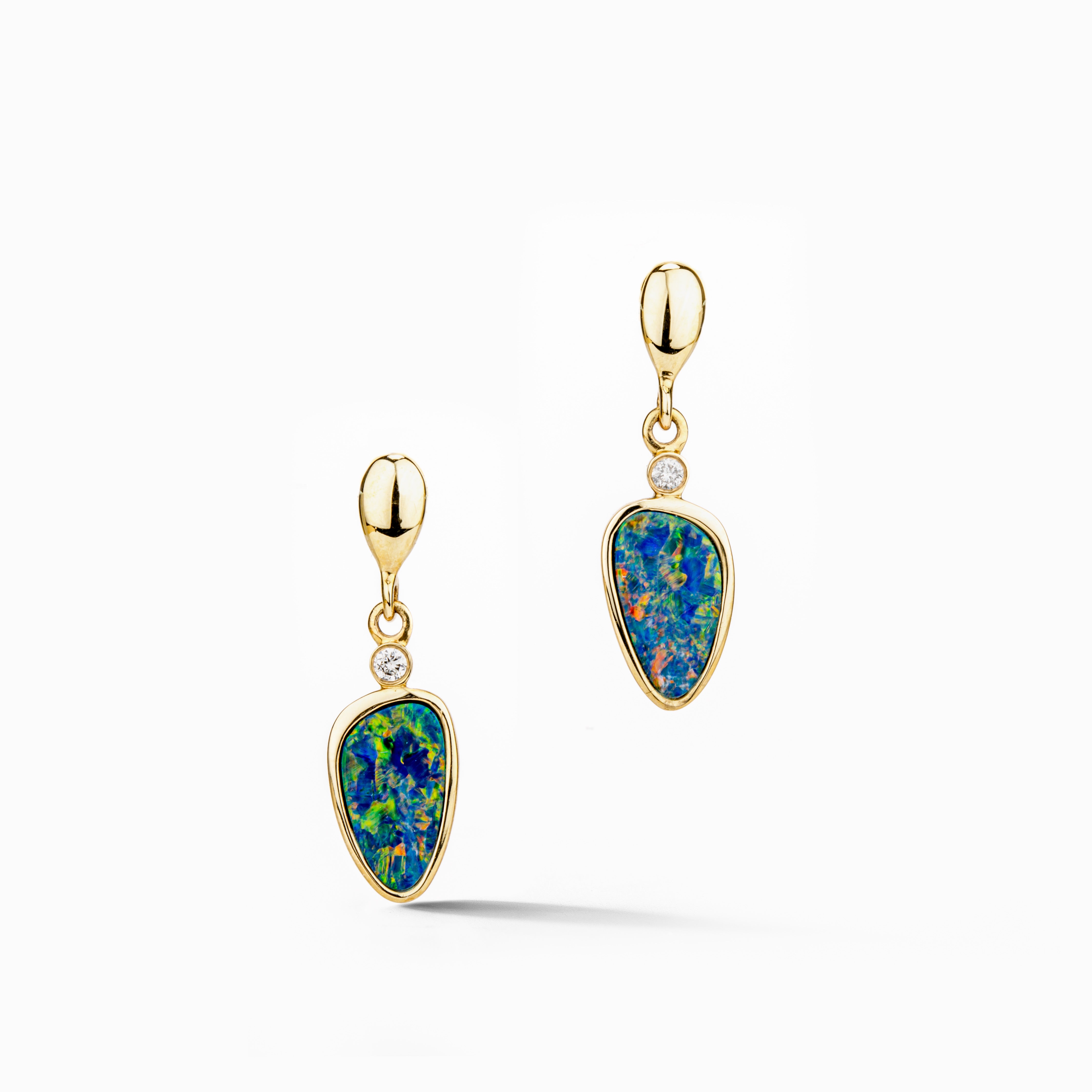 14k yellow gold freeform opal doublet and diamond drop earrings