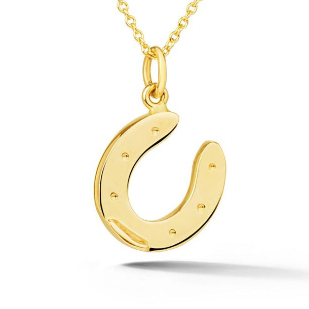 14k yellow gold horseshoe pendant with nail hole details from deJonghe Jewelry exclusive Equestrian Collection