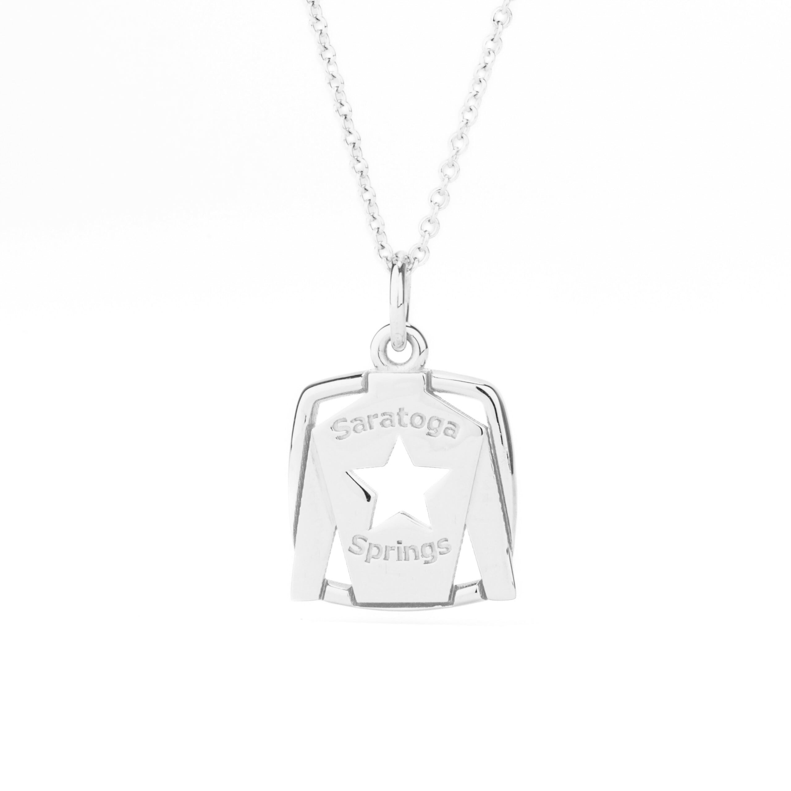 14 white gold jockey silks charm with star design and Saratoga Springs engraving from deJonghe Jewelry Equestrian Collection