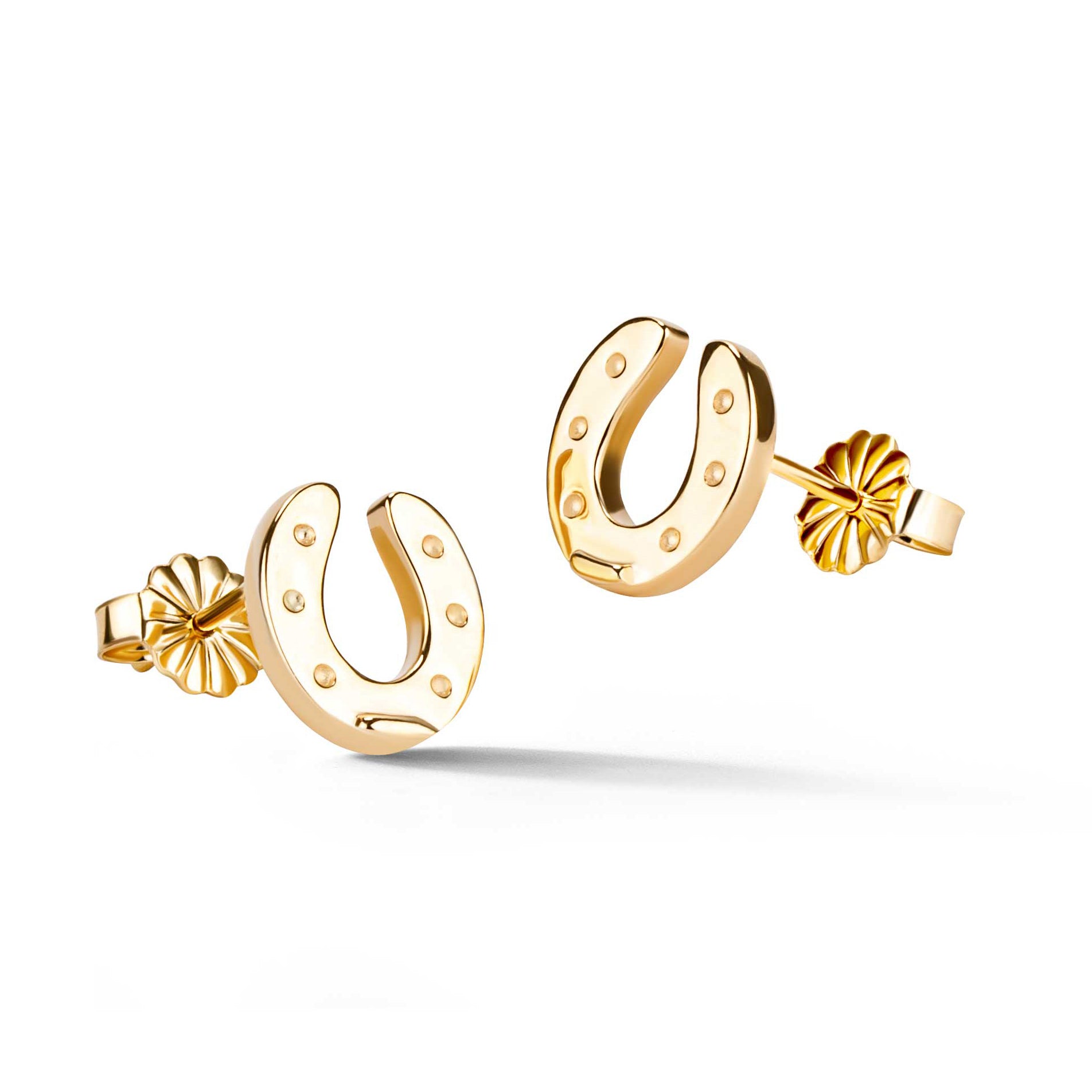 14k yellow gold horseshoe stud earrings with nail head details from deJonghe Jewelry's exclusive Equestrian Collection