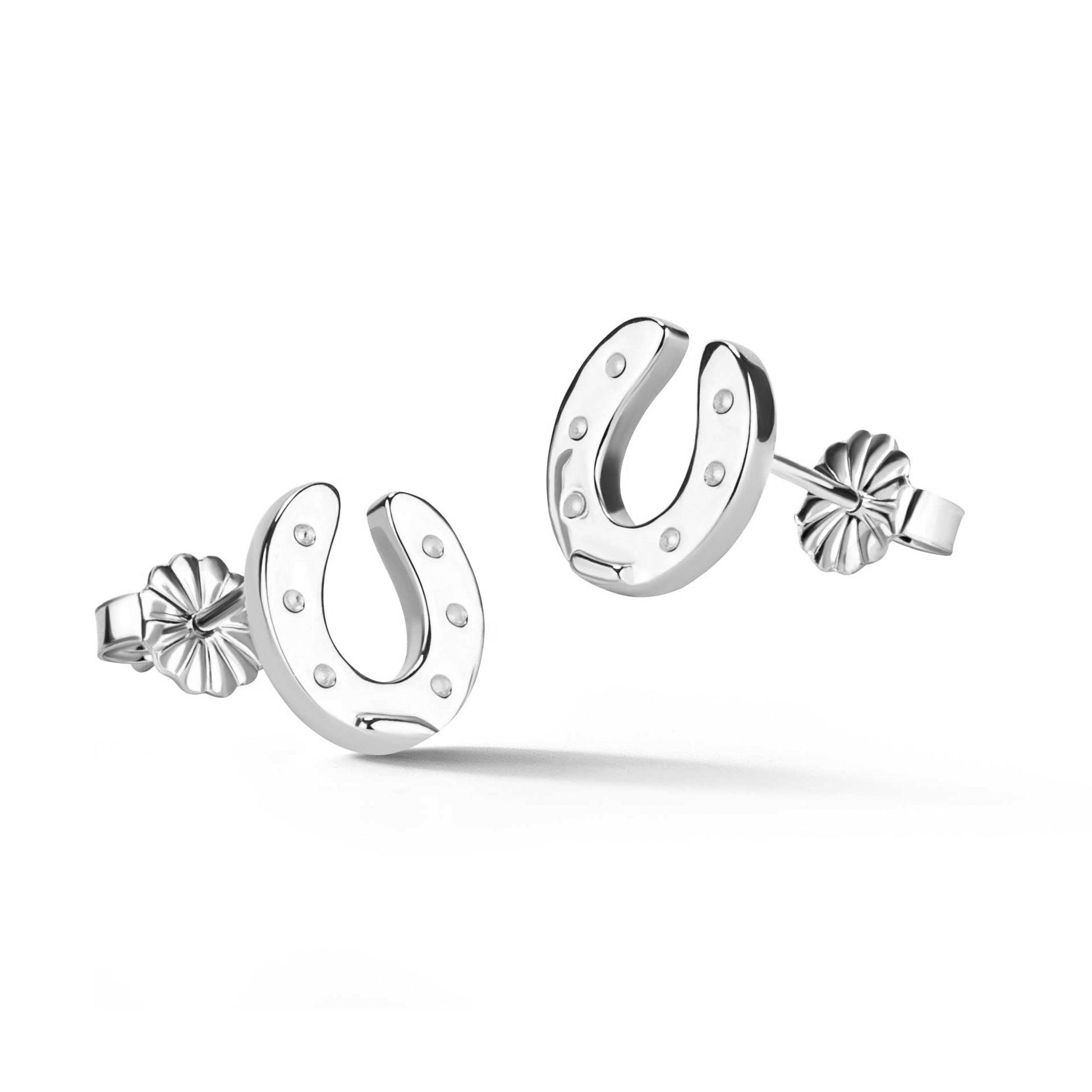 14k white gold horseshoe stud earrings with nail head details from deJonghe Jewelry's exclusive Equestrian Collection