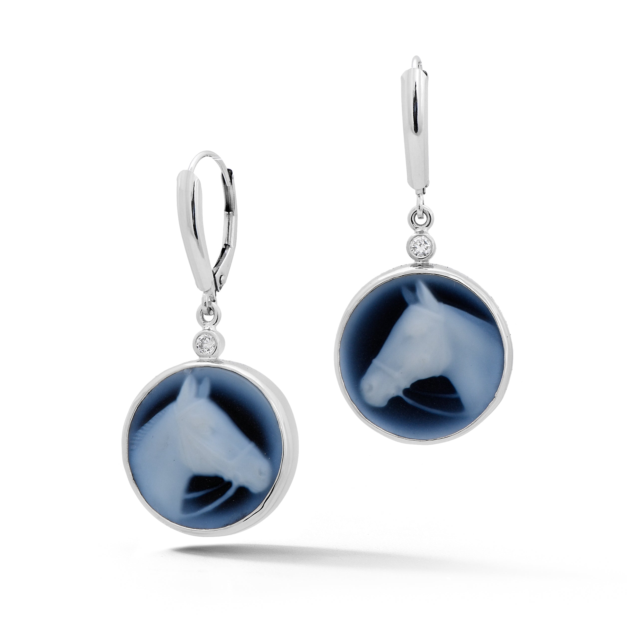 14k white gold drop earrings with blue agate horse head cameos and diamond accents from our exclusive Equestrian Collection 