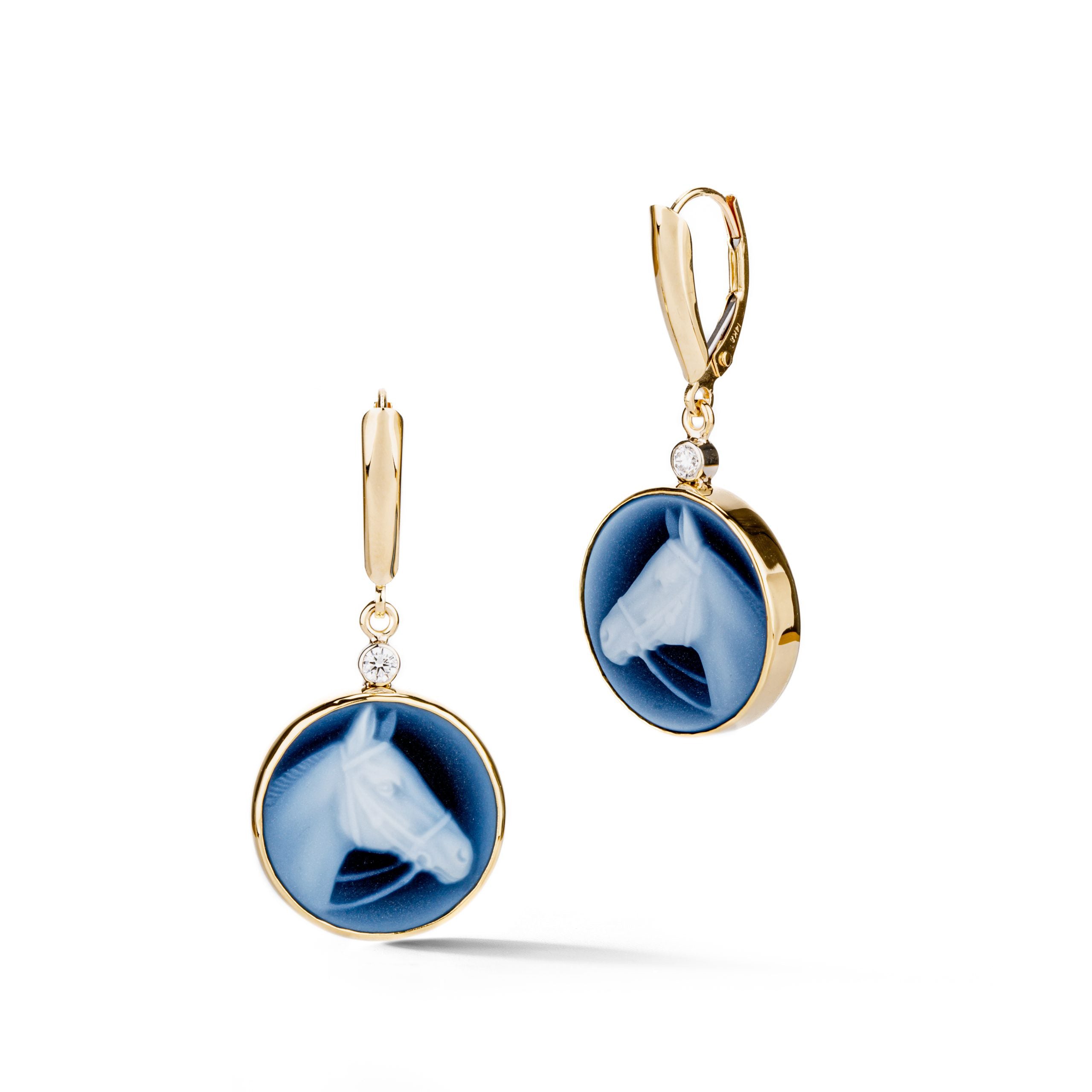 14k yellow gold drop earrings with blue agate horse head cameos and diamond accents from our exclusive Equestrian Collection