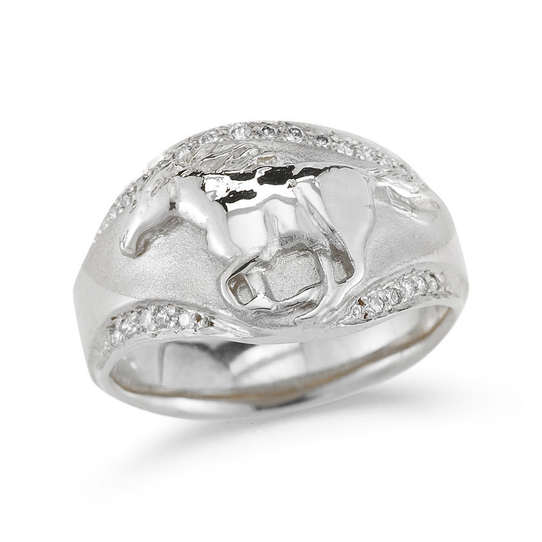 White gold equestrian ring featuring running horse in relief with diamond-set mane and landscape details