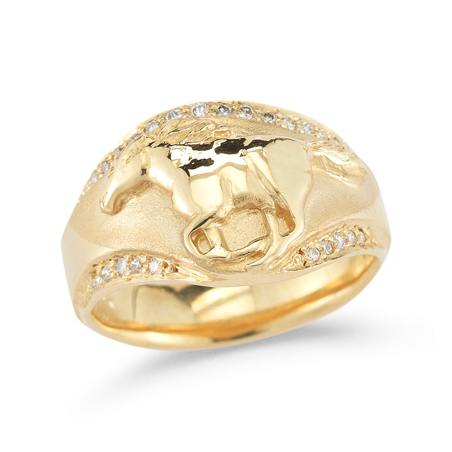 14k yellow gold running horse ring with diamond accents from our exclusive Equestrian Collection