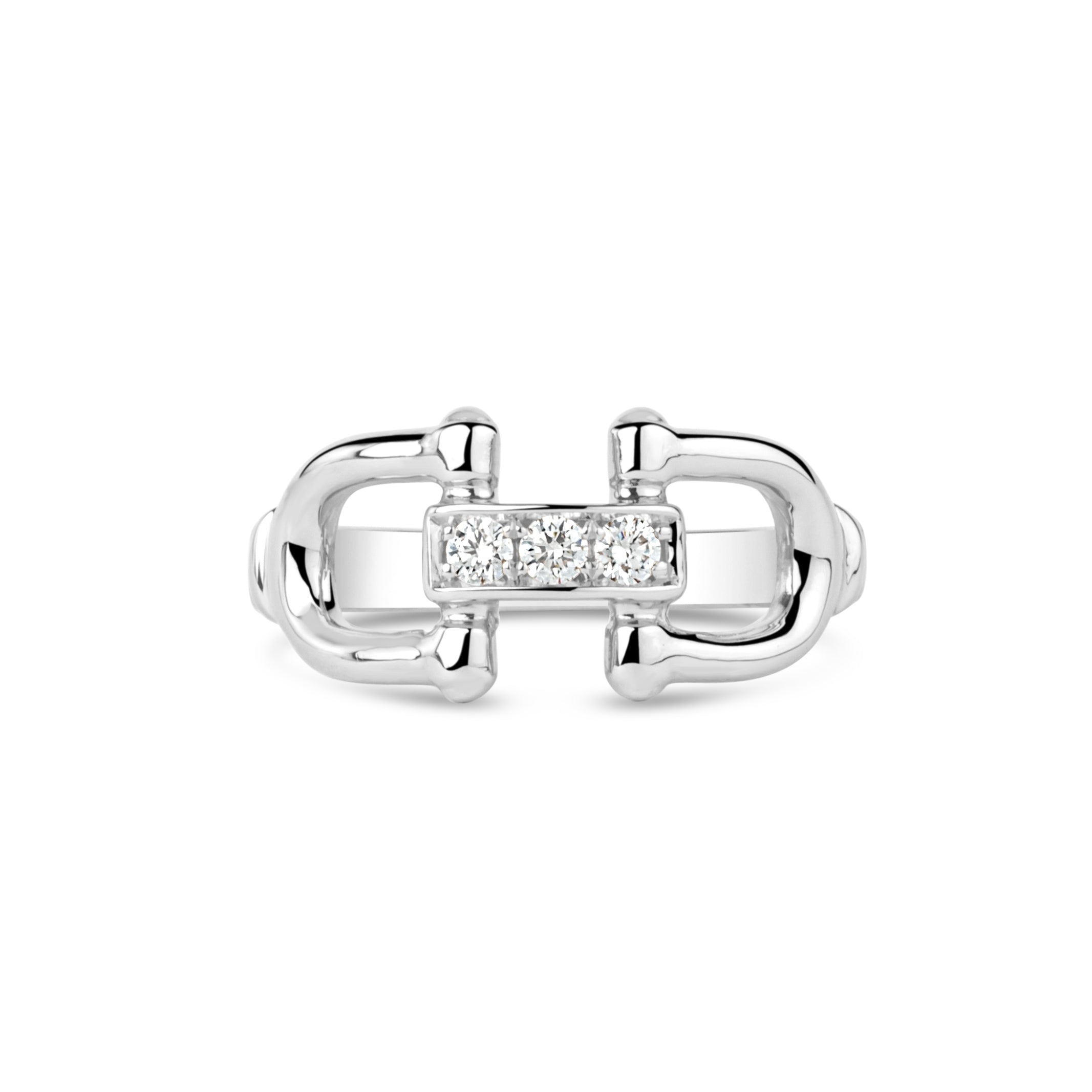  14K white gold snaffle bit ring with three pavé diamonds from our exclusive Equestrian Collection