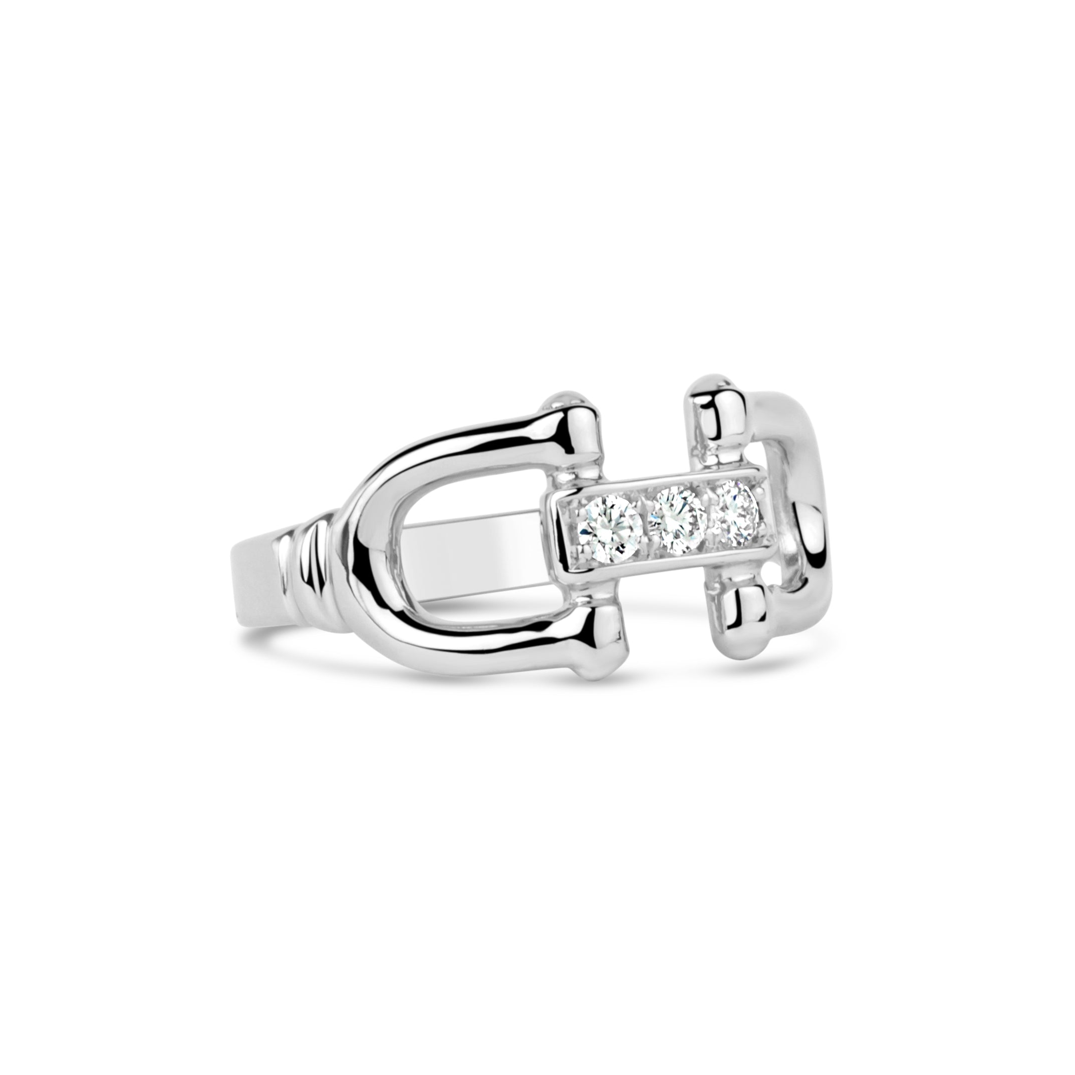  14K white gold snaffle bit ring with three pavé diamonds from our exclusive Equestrian Collection