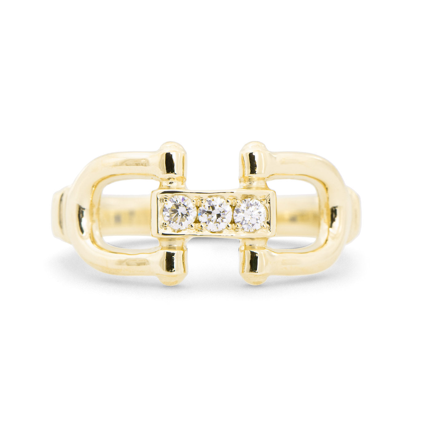 14K yellow gold snaffle bit ring with three pavé diamonds from our exclusive Equestrian Collection