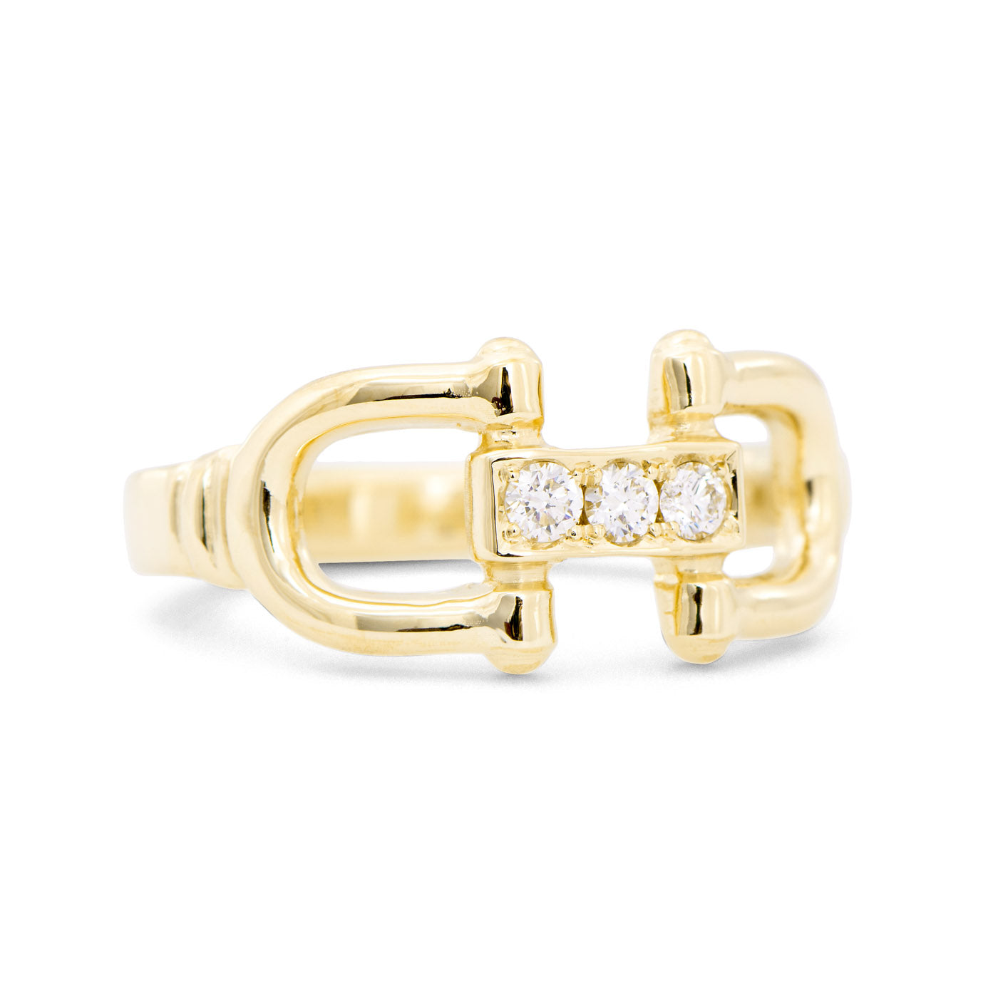 14K yellow gold snaffle bit ring with three pavé diamonds from our exclusive Equestrian Collection