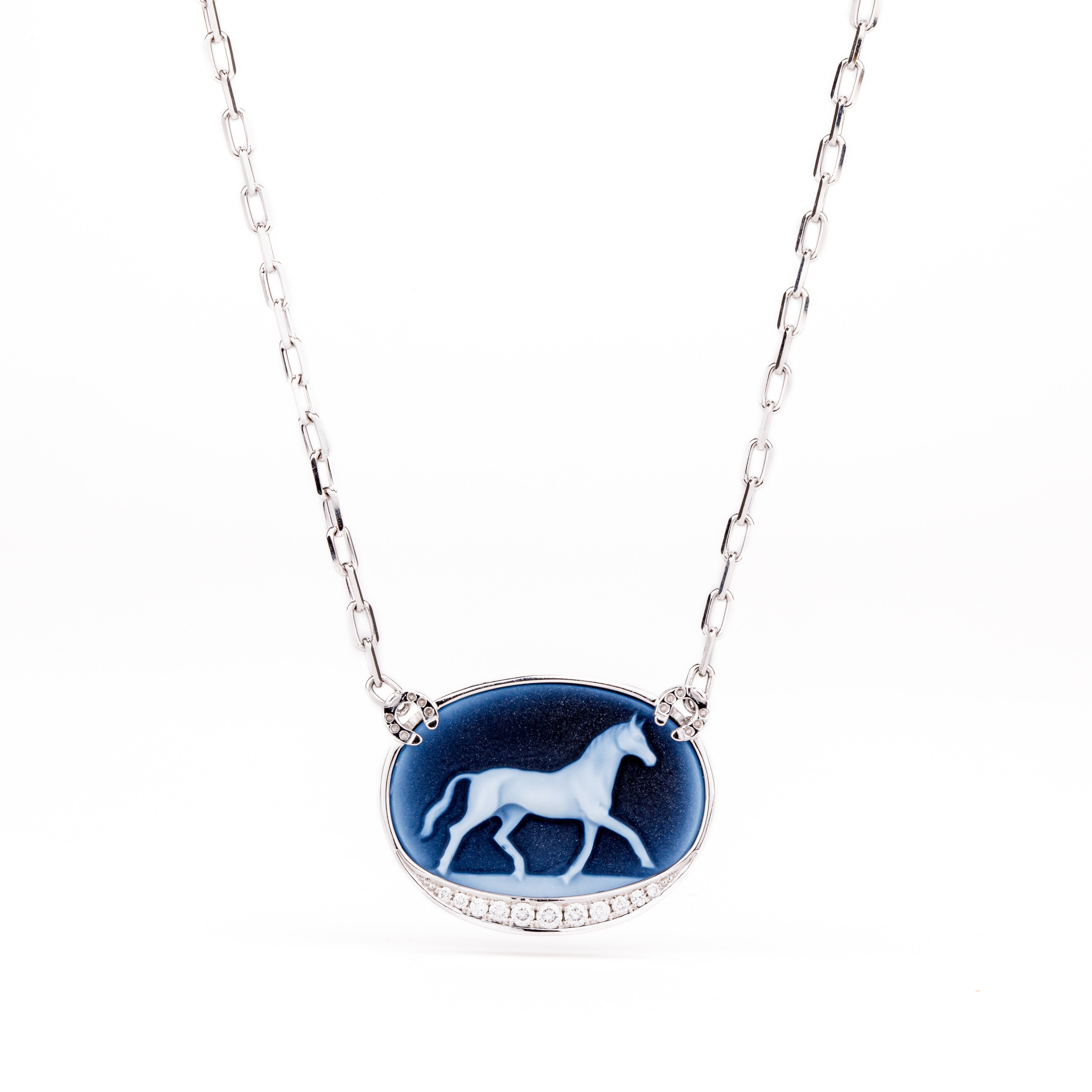 Carved horse cameo in 14k white gold accented with round brilliant diamonds 