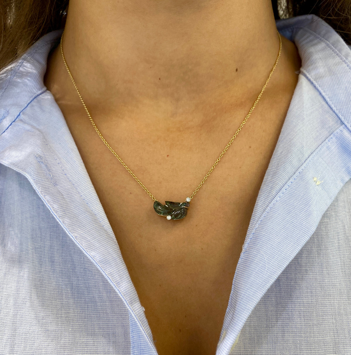 One of a Kind carved tanzanite leaf pendant necklace with diamonds on 14k yellow gold chain 