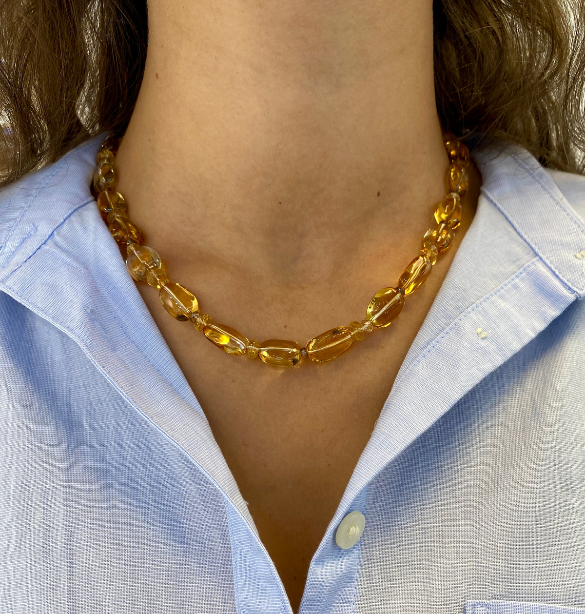 Citrine nugget necklace with andalusite rondel accents and a 14k yellow gold ball clasp, 18 inches