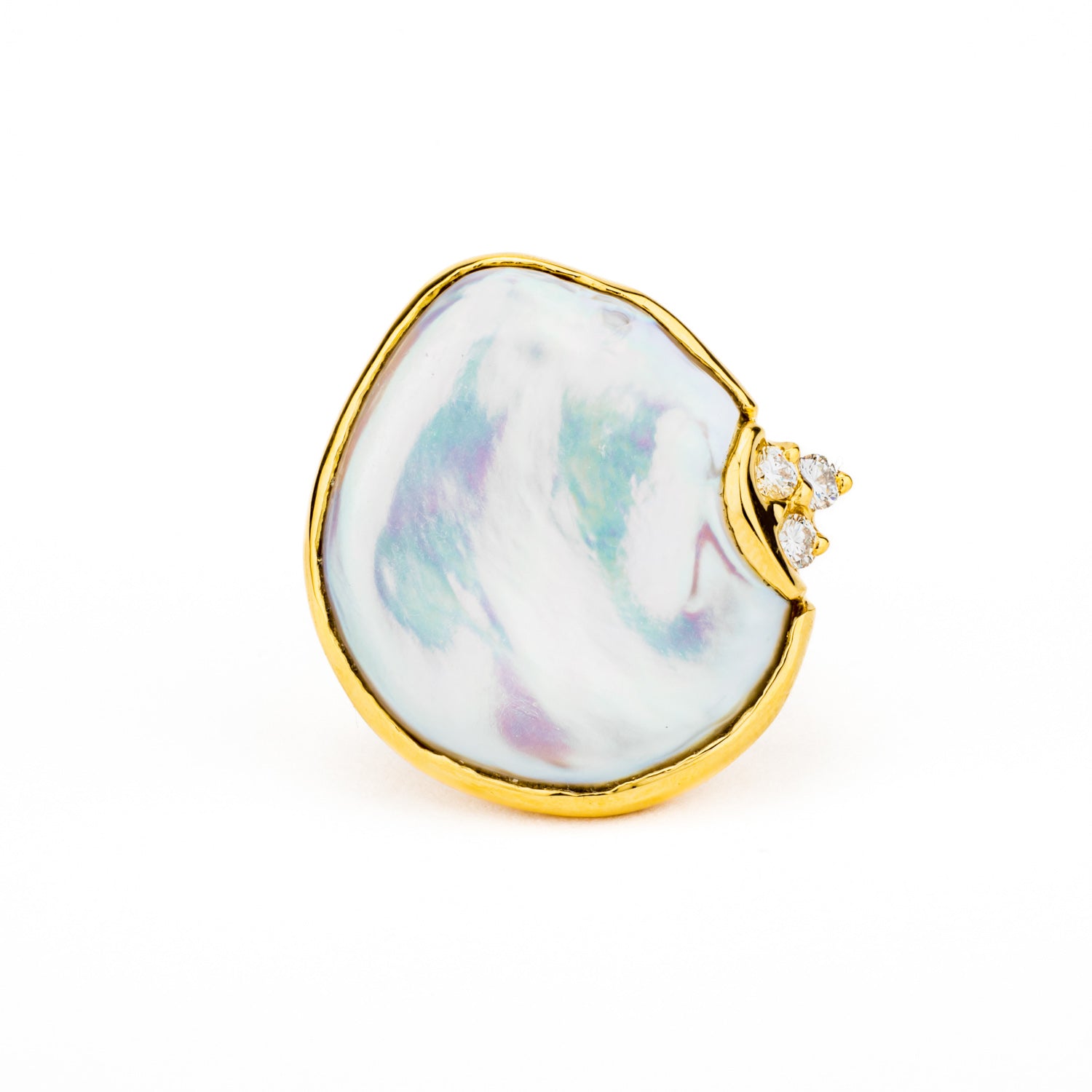 One of a kind freshwater keshi pearl ring with diamonds in 14k yellow gold