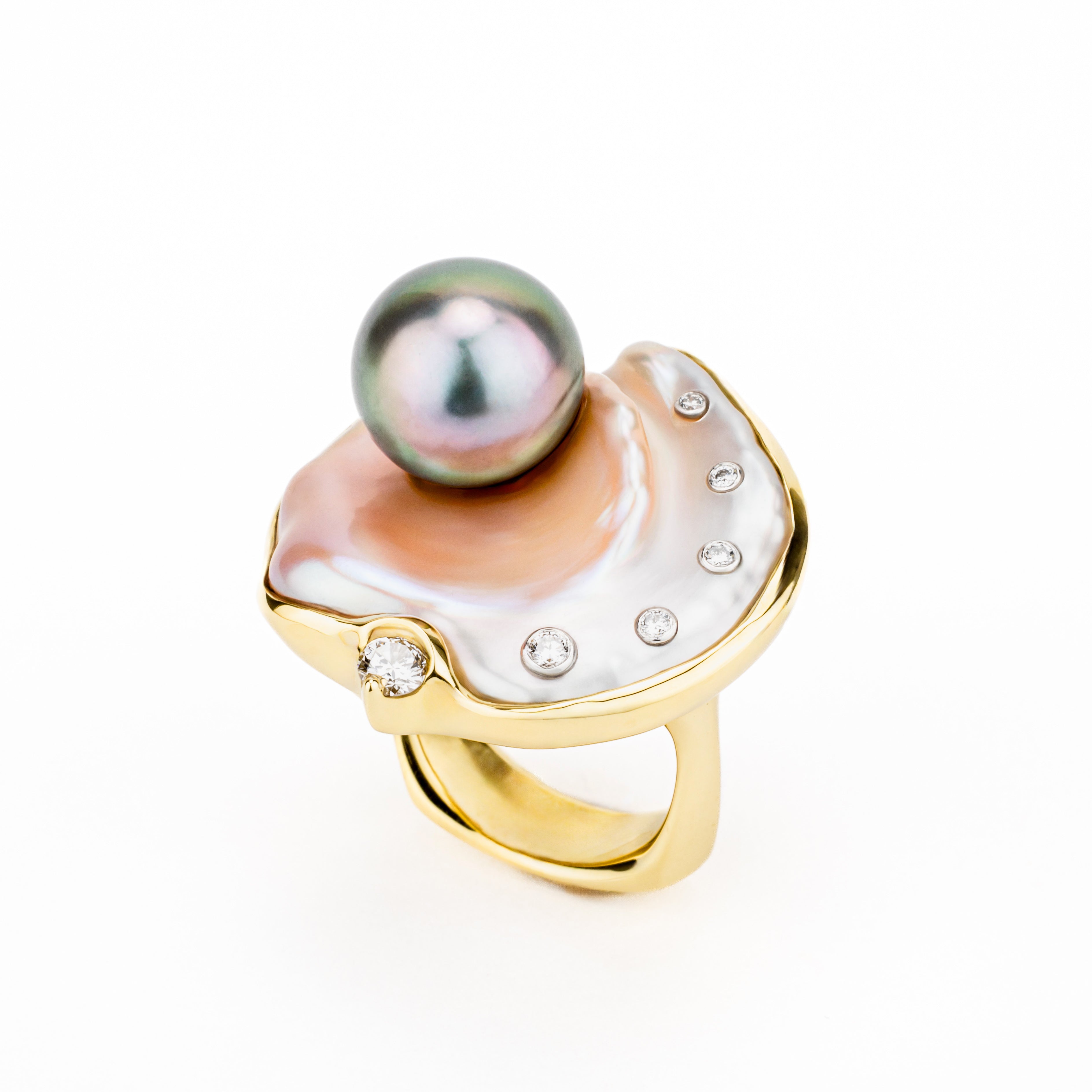 Tahitian pearl and keshi pearl cocktail ring with diamonds in 18k yellow gold