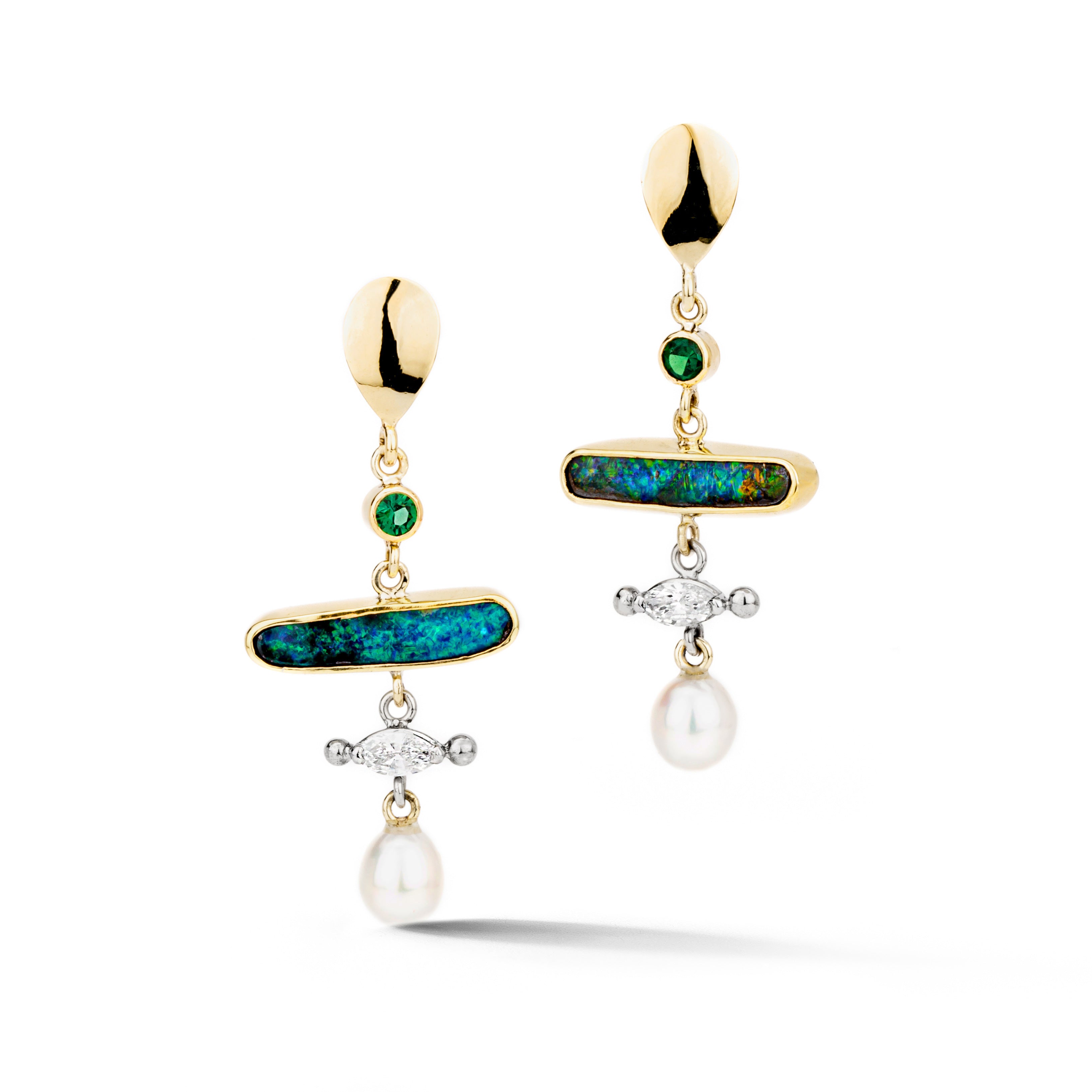Boulder opal drop earrings with diamonds, chrome tourmaline, and pearls in 14k and 18k yellow gold