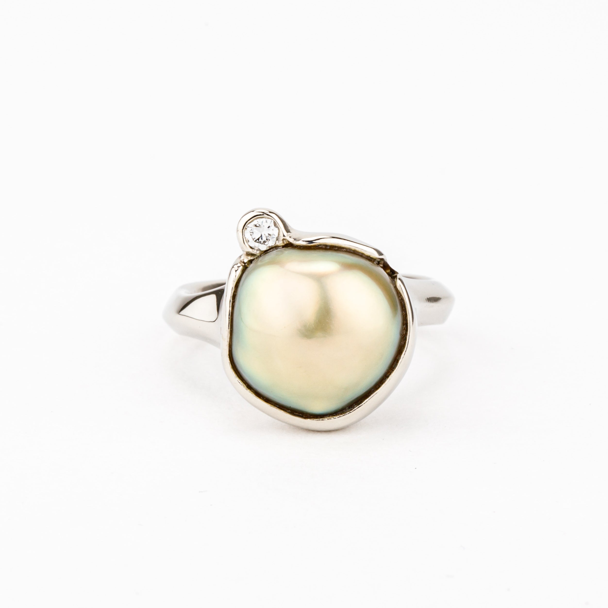 One of a kind golden Tahitian pearl ring with diamond accent in 14k white gold