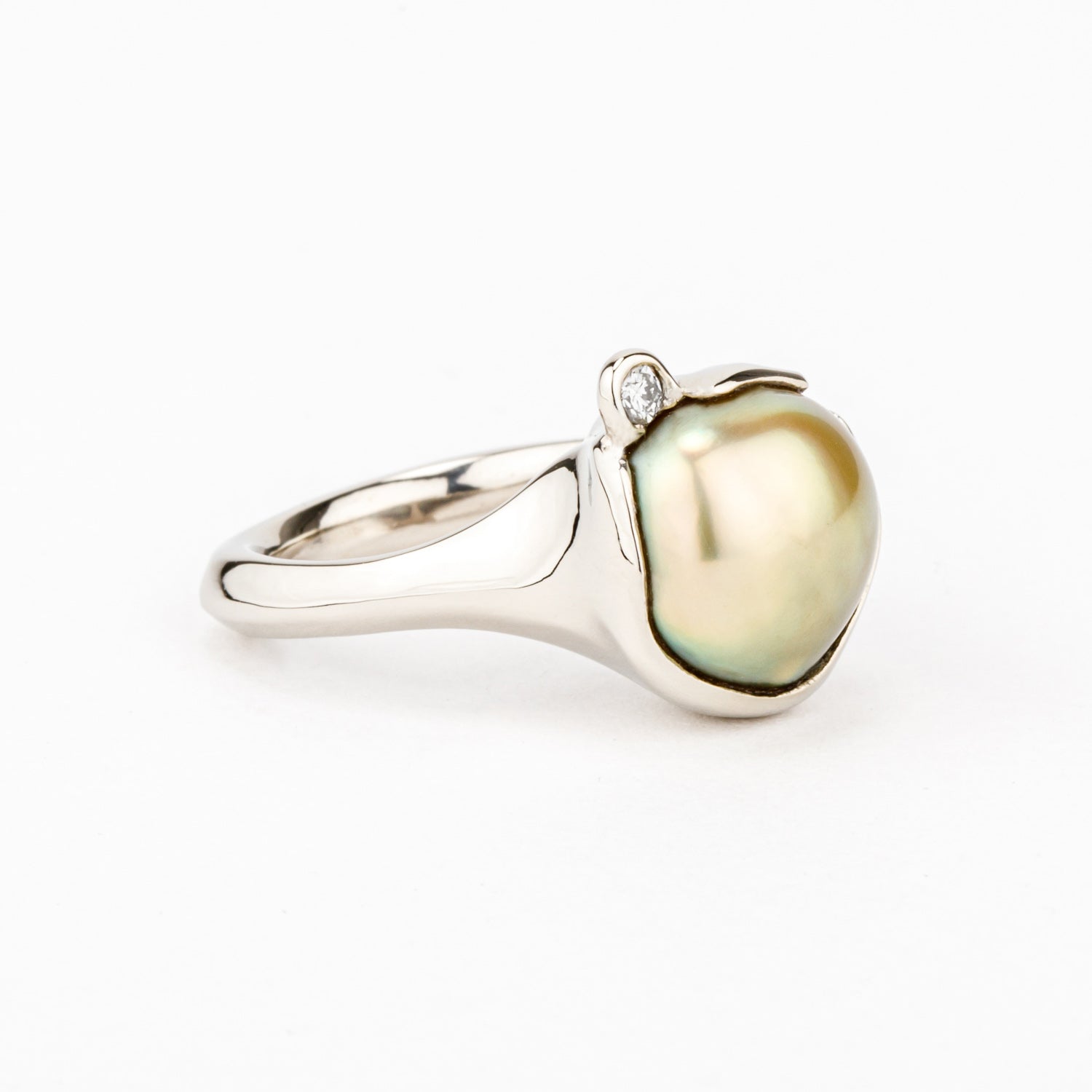 One of a kind golden Tahitian pearl ring with diamond accent in 14k white gold