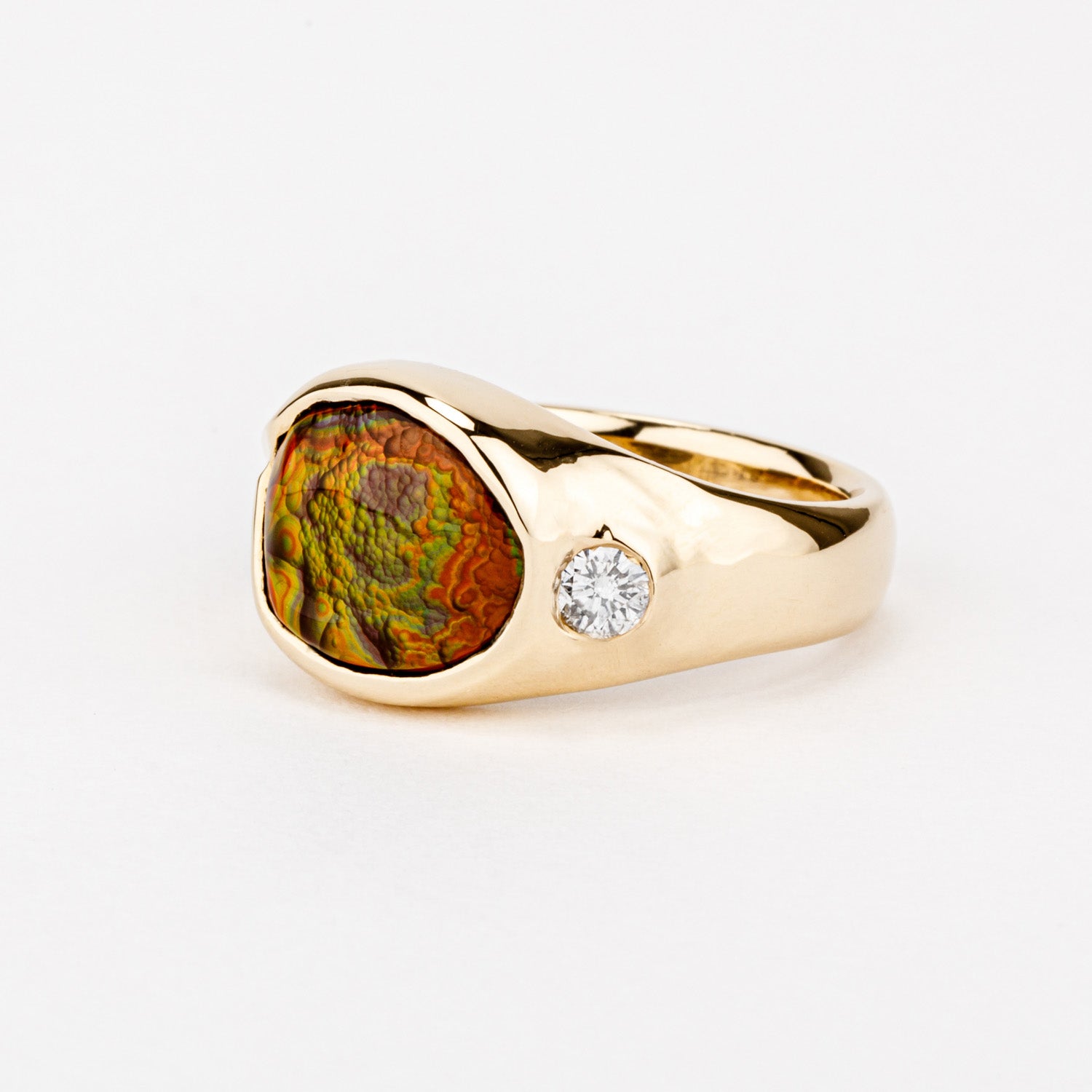 Fire agate signet ring in 14k yellow gold with diamond accent 