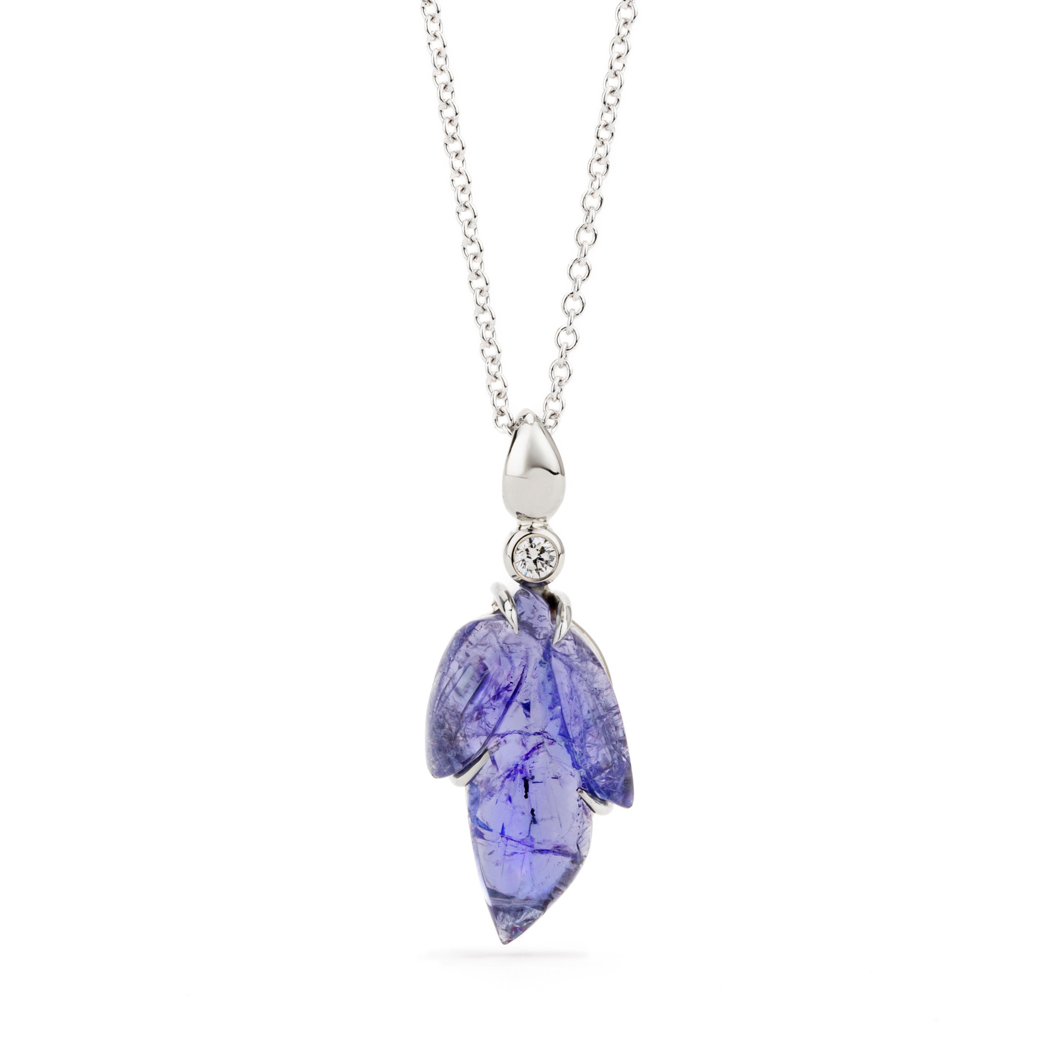 One of a kind carved purple tanzanite leaf pendant with diamond accent 