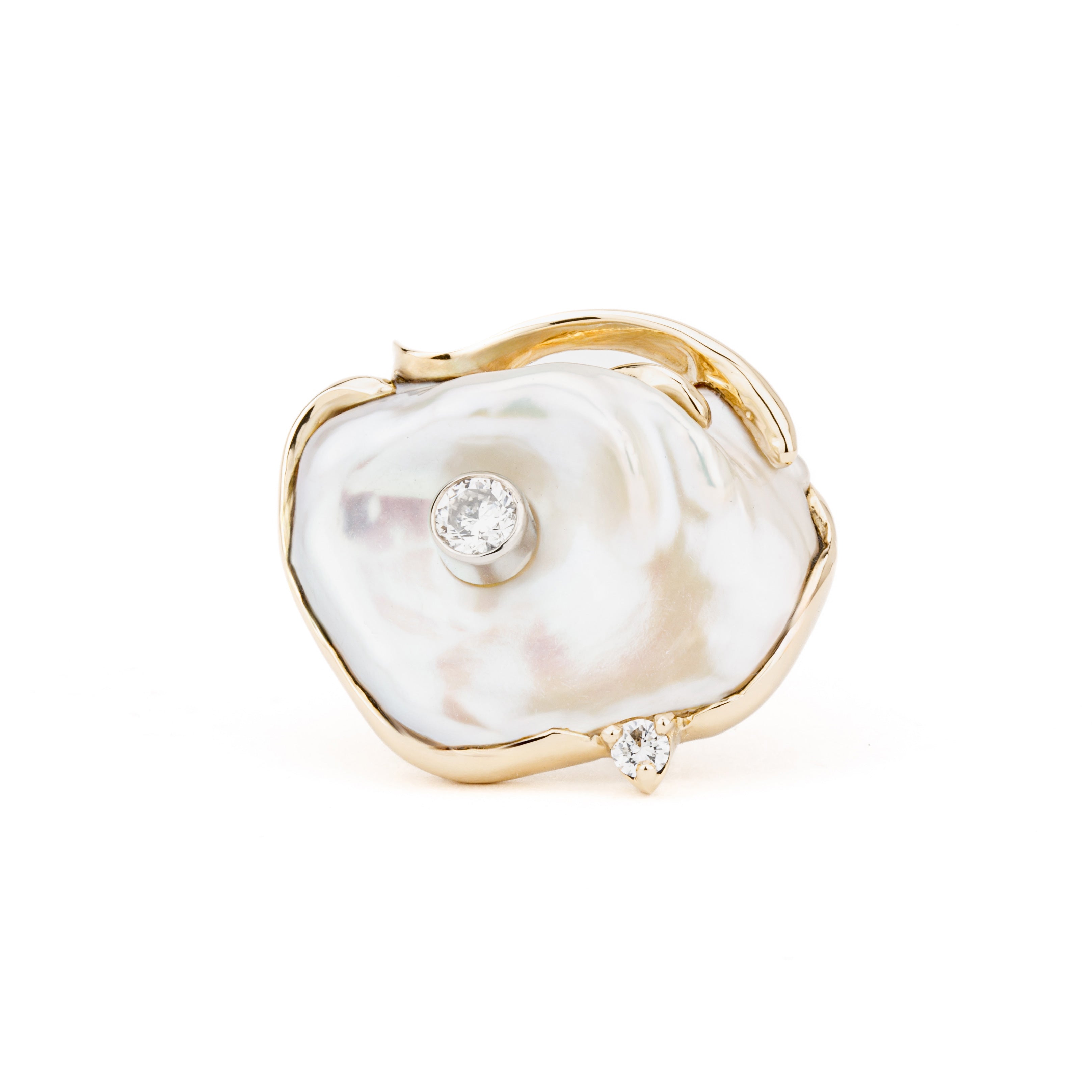 One of a kind keshi pearl ring with diamonds in 14K yellow gold 