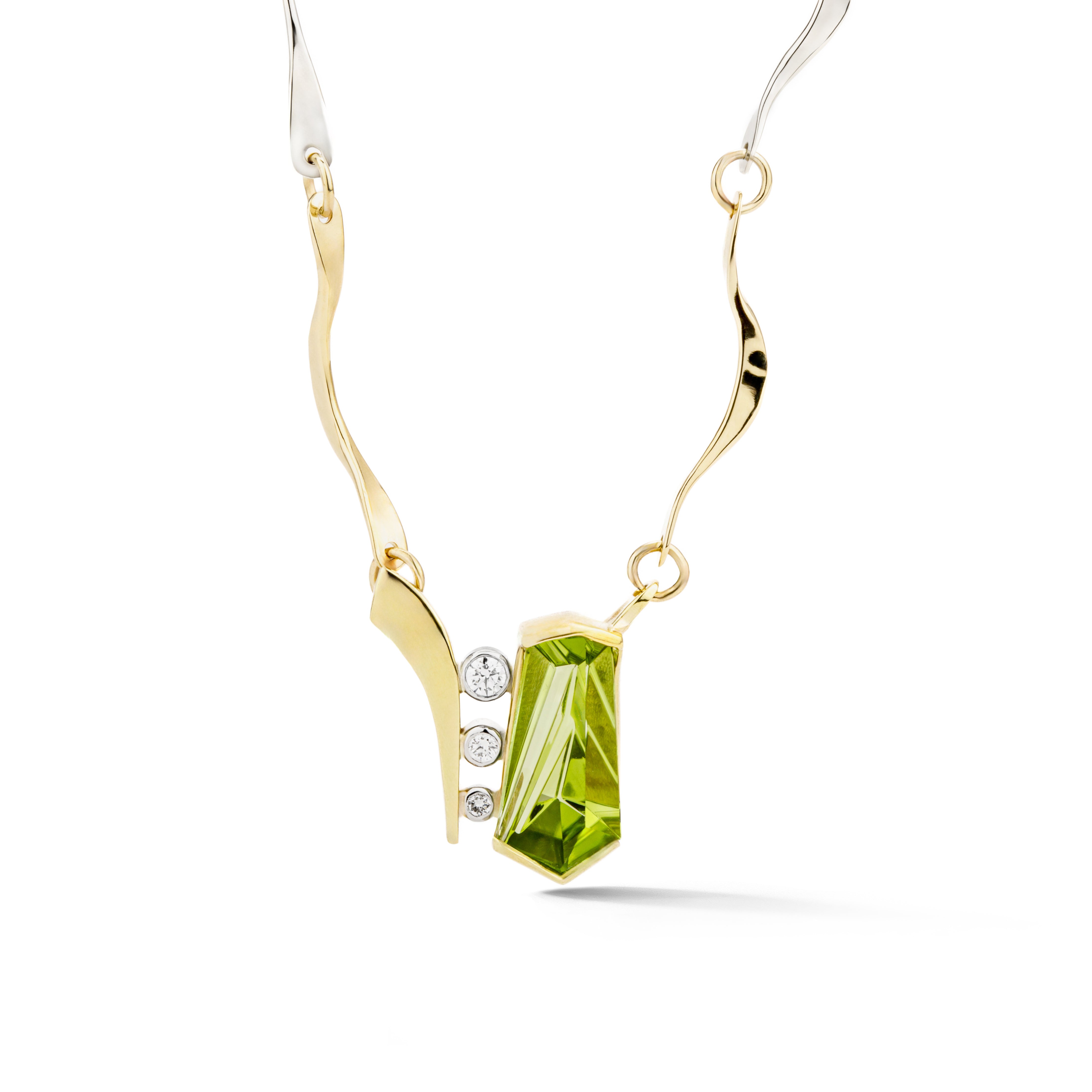 One of a kind 18k yellow gold pendant with Munsteiner cut peridot and diamond accents on forged two-tone gold chain