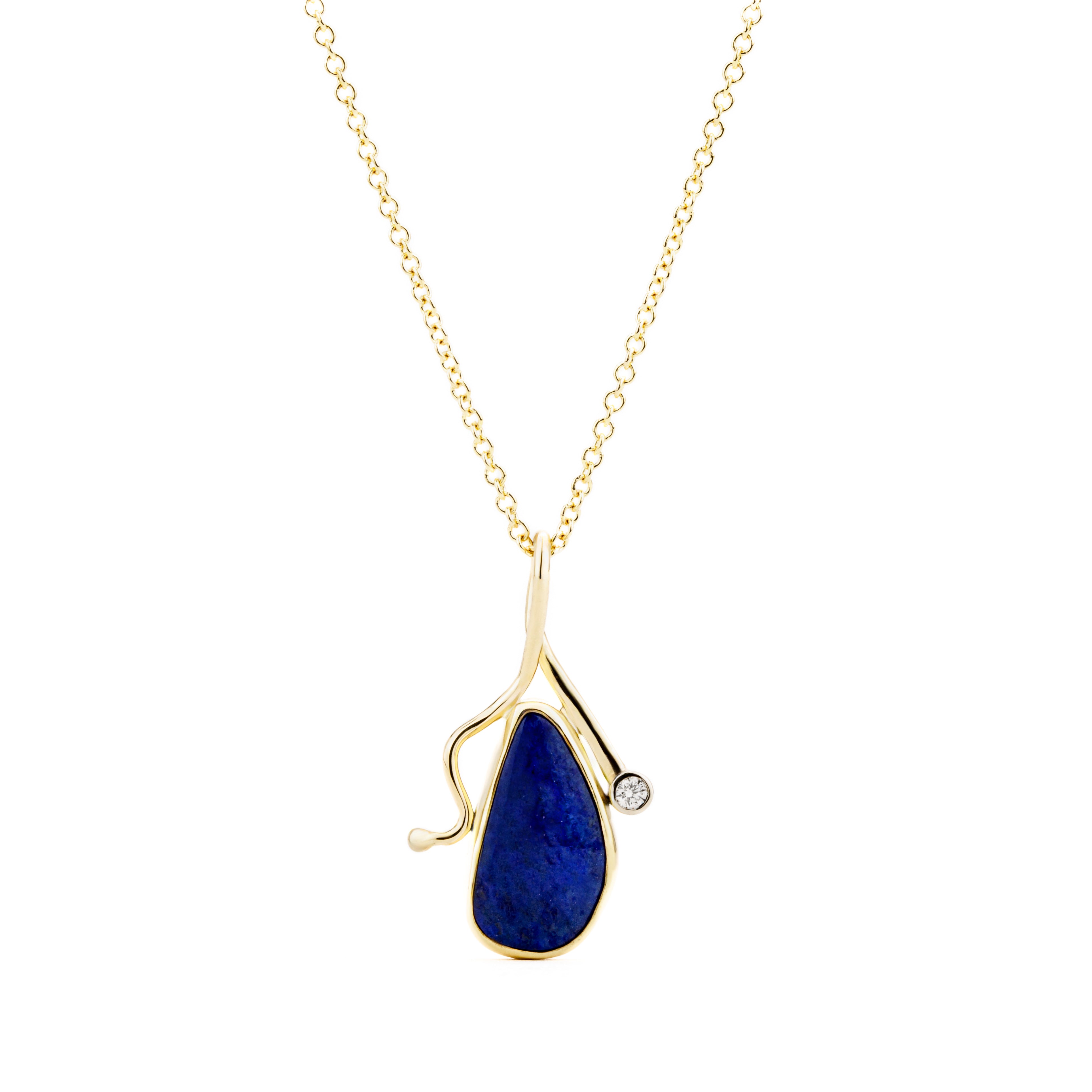 Lapis lazuli teardrop pendant with diamond accent in yellow gold