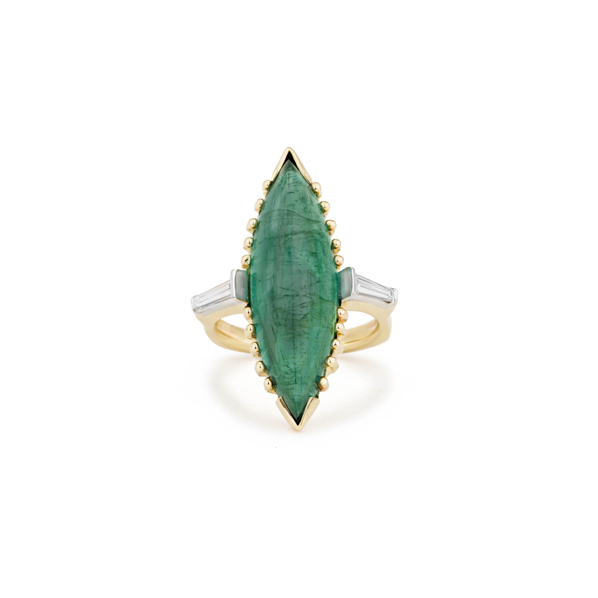 One-of-a-kind 14k gold ring with a navette-cut green tourmaline cabochon and baguette diamond accents