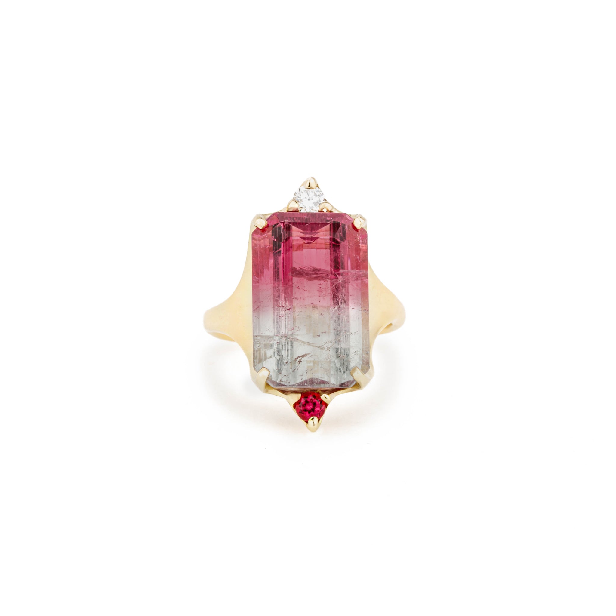 14k yellow gold ring with an emerald cut bi-color pink and green tourmaline, diamond accent, and reddish sapphire accent, size 7.75