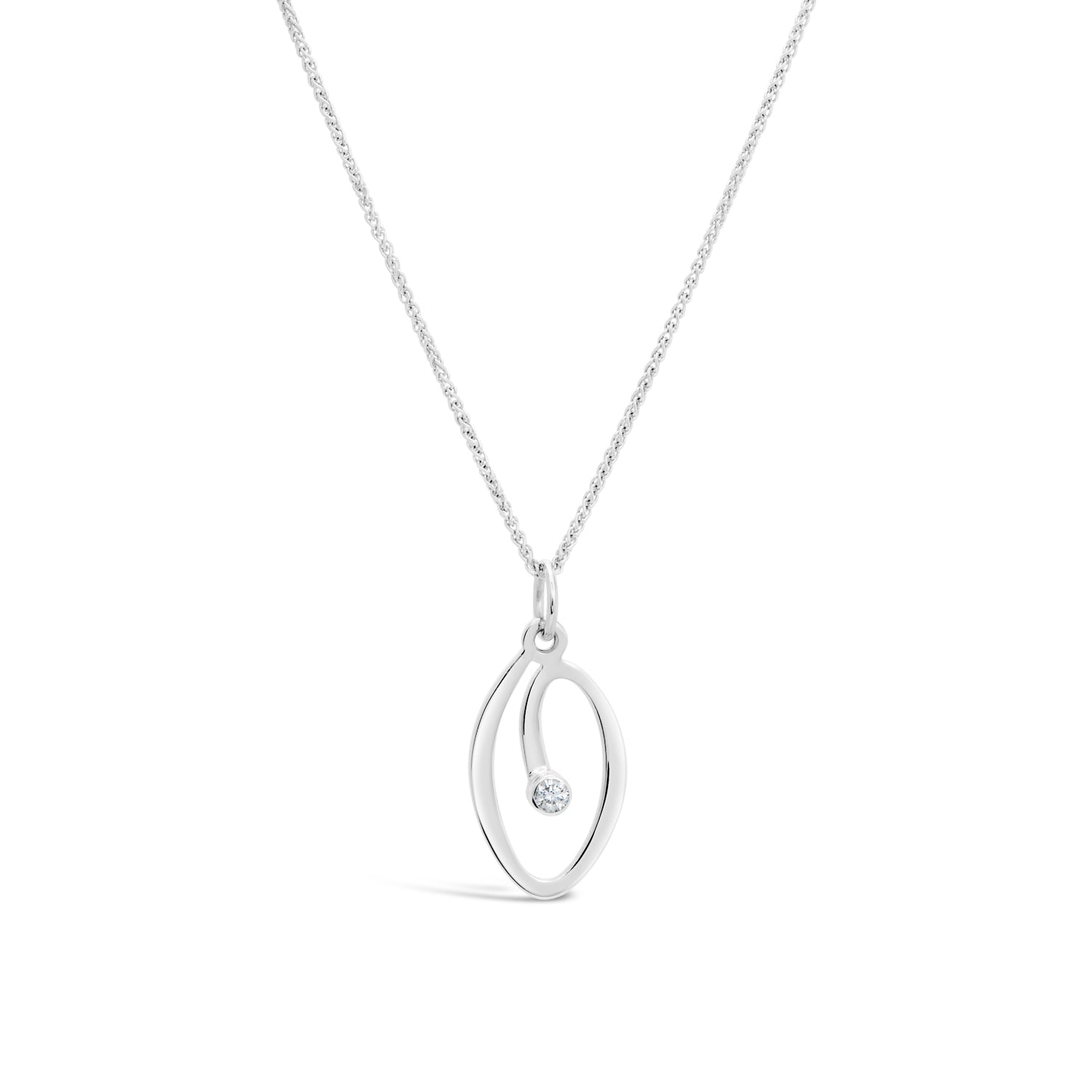 14k white gold swirl pendant with round diamond 