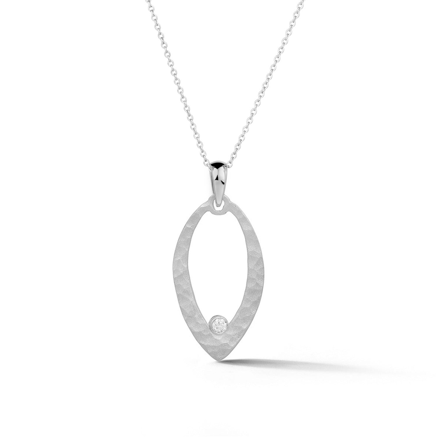 14K white gold textured marquise pendant necklace with round diamond accent 
