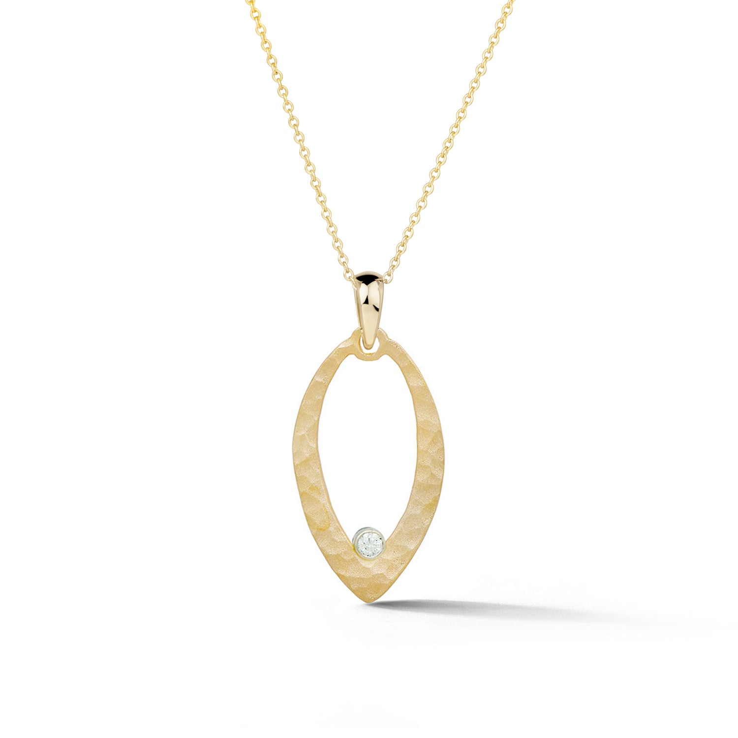 14K yellow gold textured marquise pendant necklace with round diamond accent 