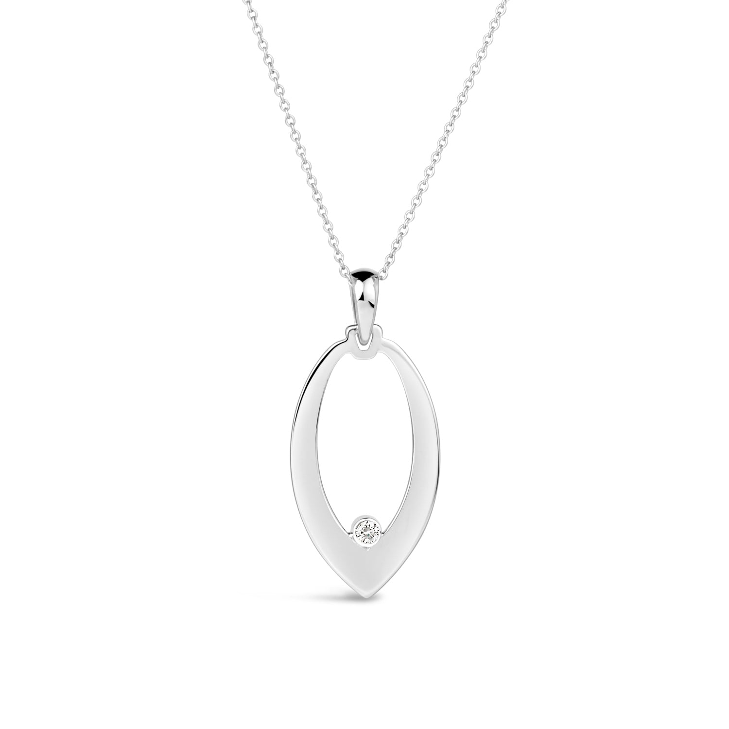 14K white gold marquise pendant necklace with round diamond accent
