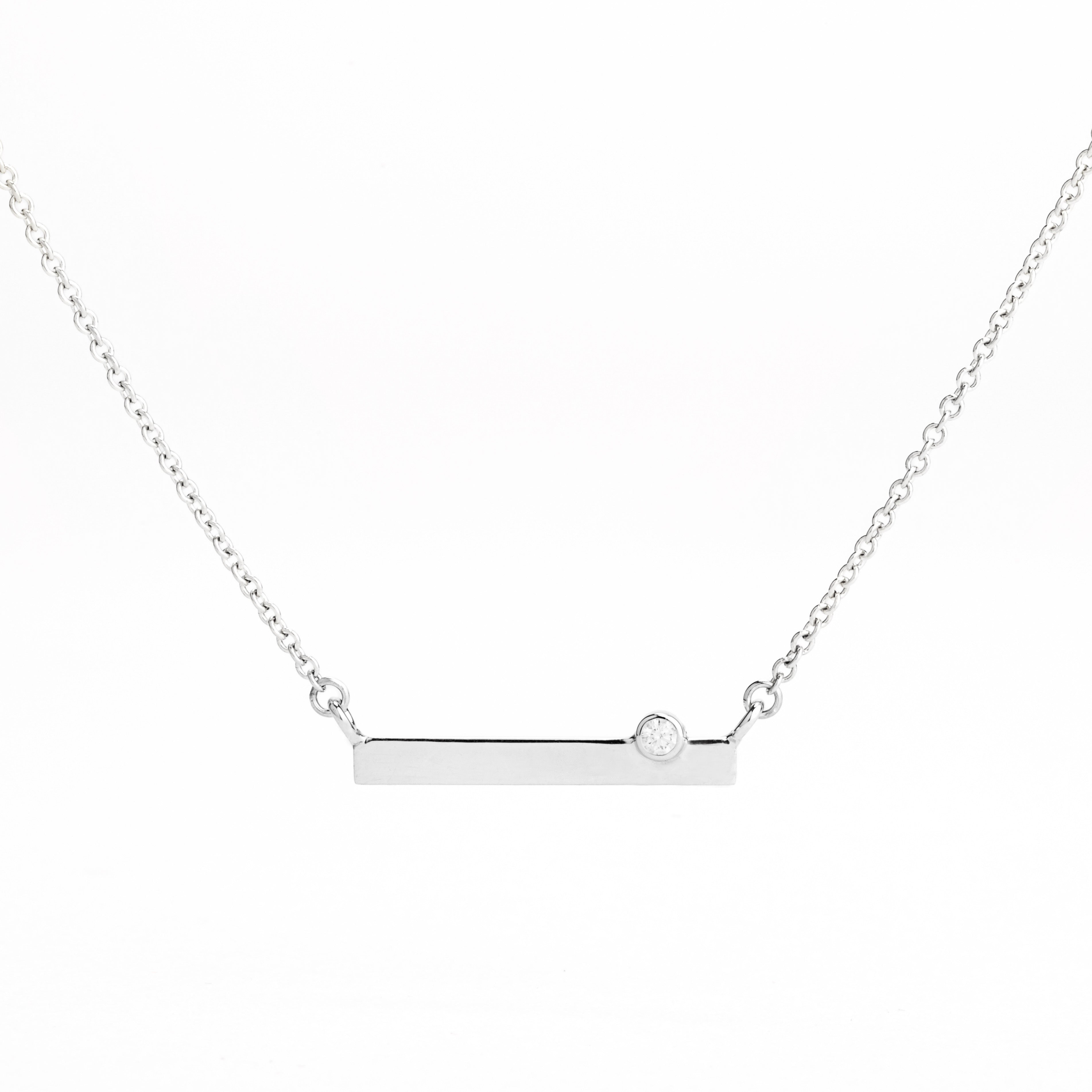 14k white gold bar necklace with bezel set diamond on delicate chain