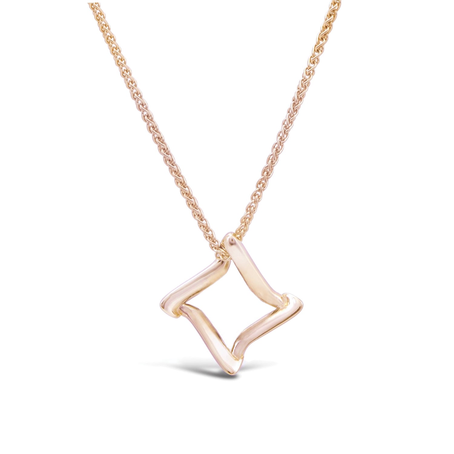  14k rose gold trifold pendant on rope chain featuring geometric open framework design