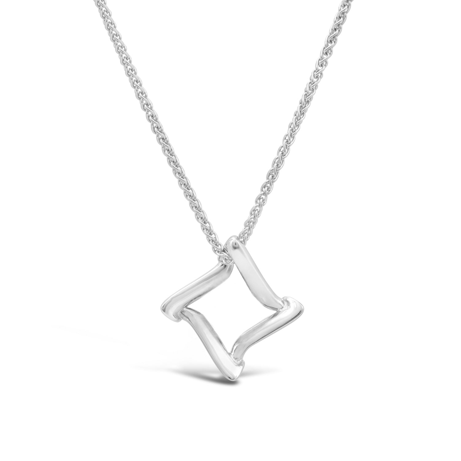 14k white gold trifold pendant on rope chain featuring geometric open framework design