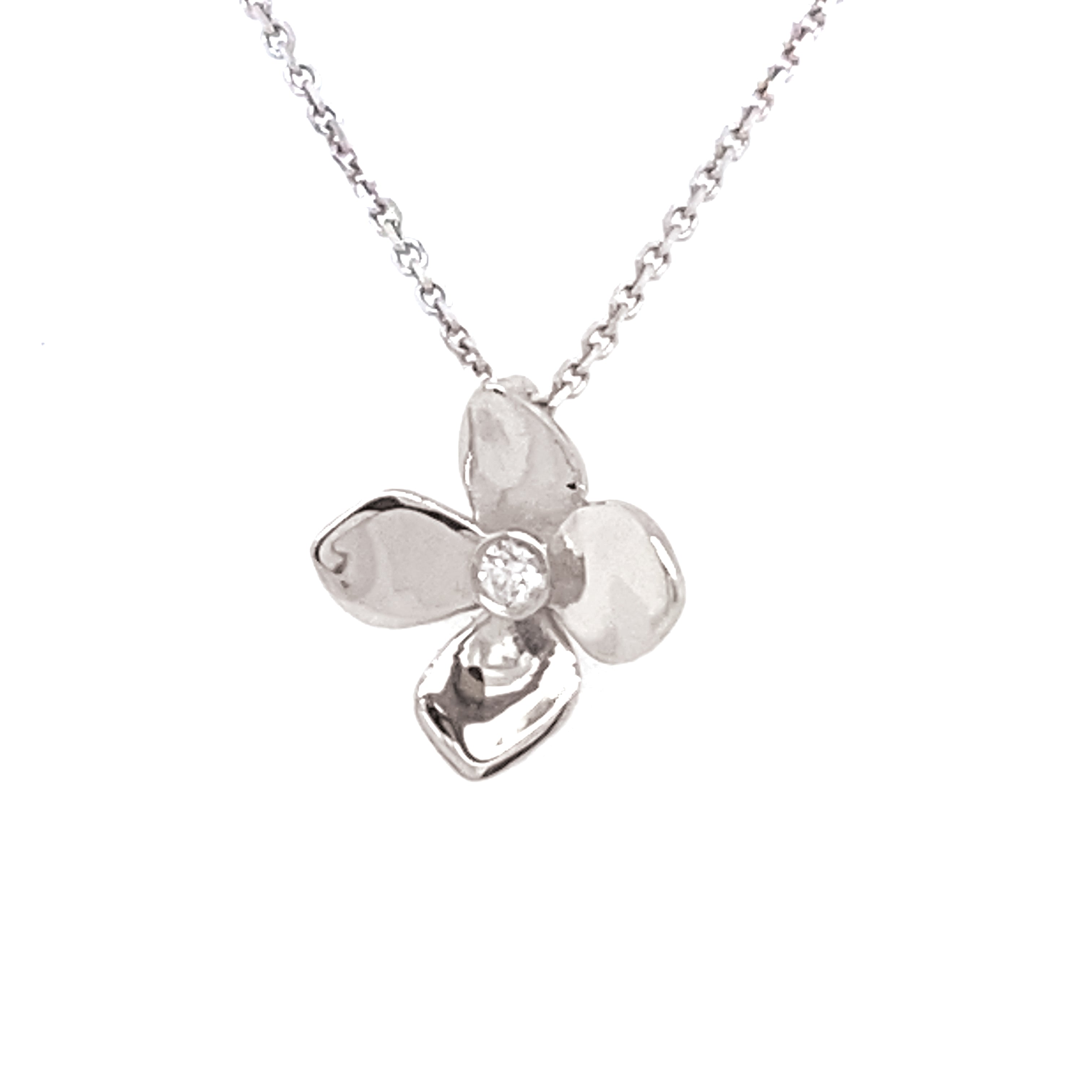 14k white gold four petal flower pendant necklace with center diamond 