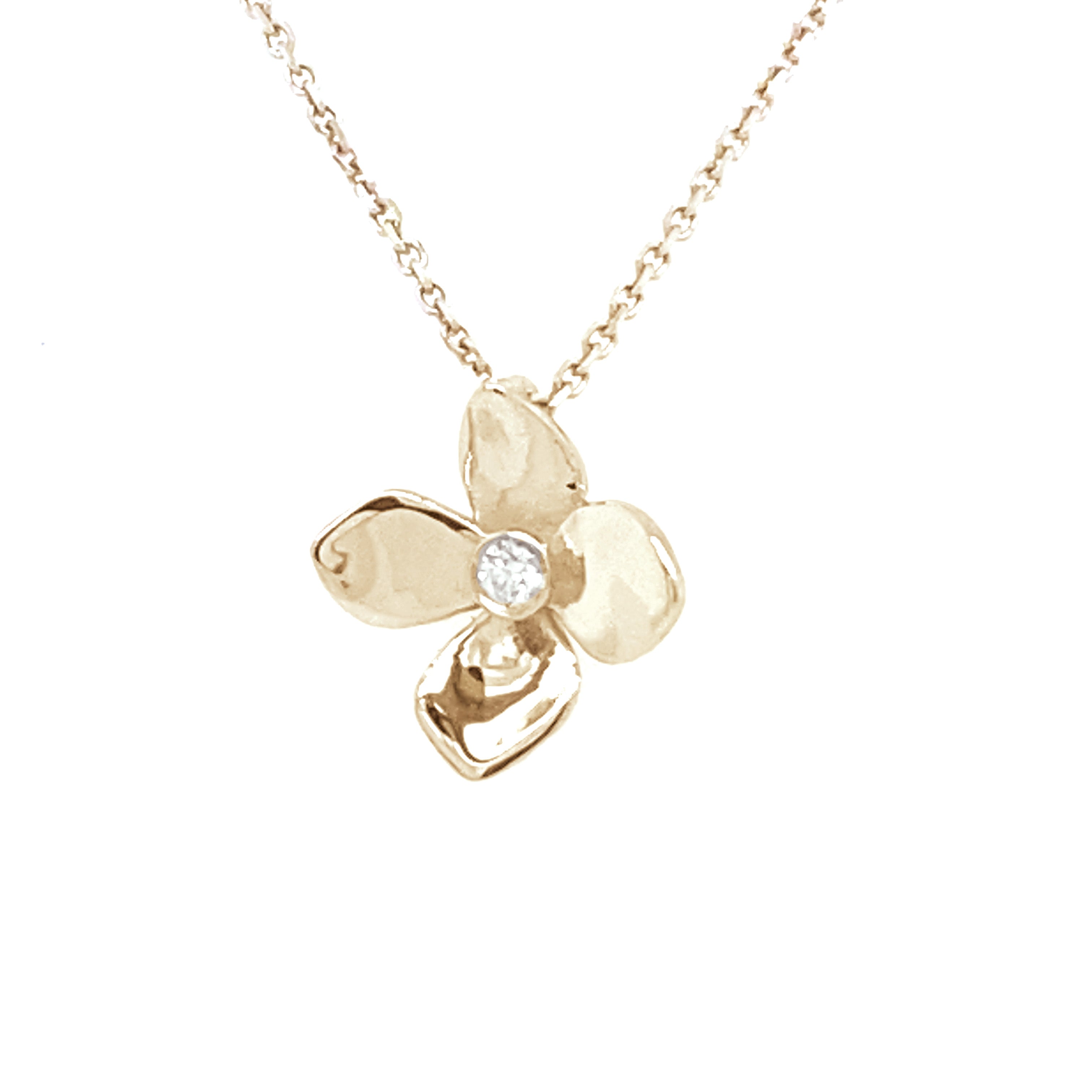 14k yellow gold four petal flower pendant necklace with center diamond 
