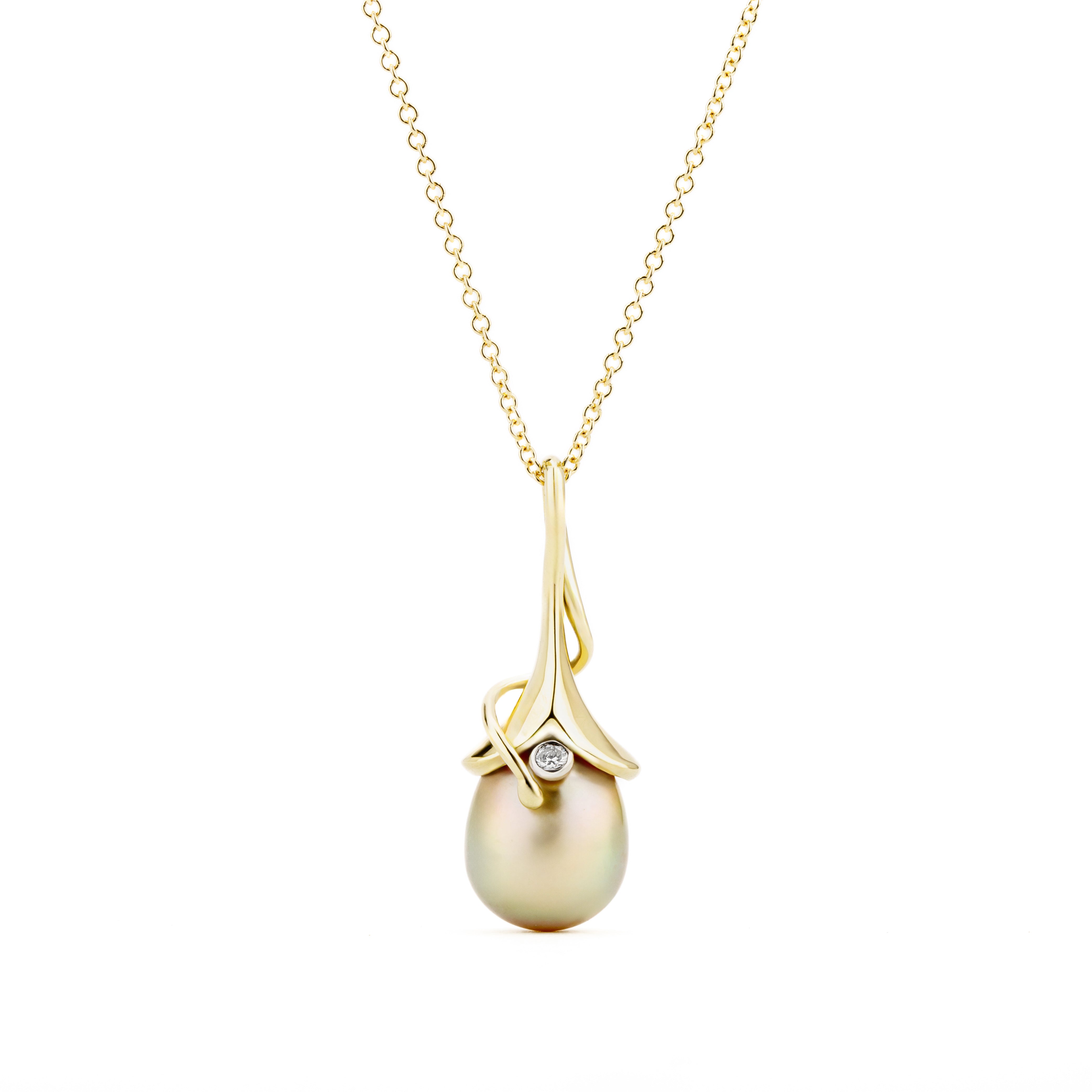 Golden pearl pendant with carved 18k yellow gold tendril and diamond accent 