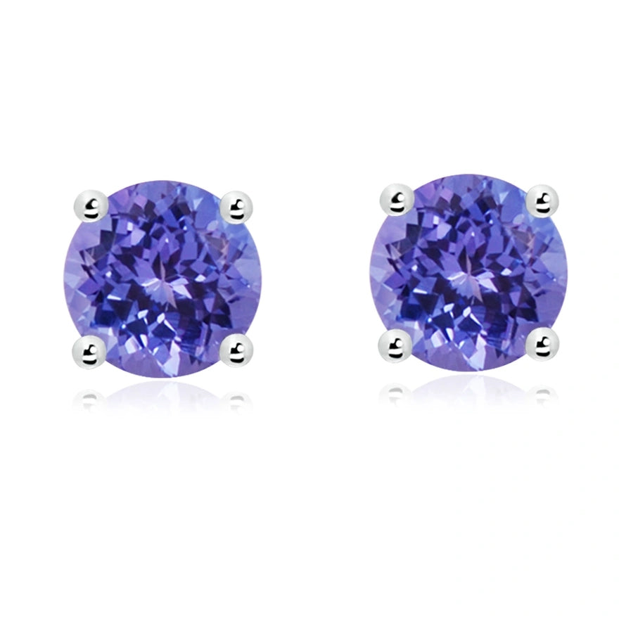 14k white gold prong-set round tanzanite stud earrings, 7mm