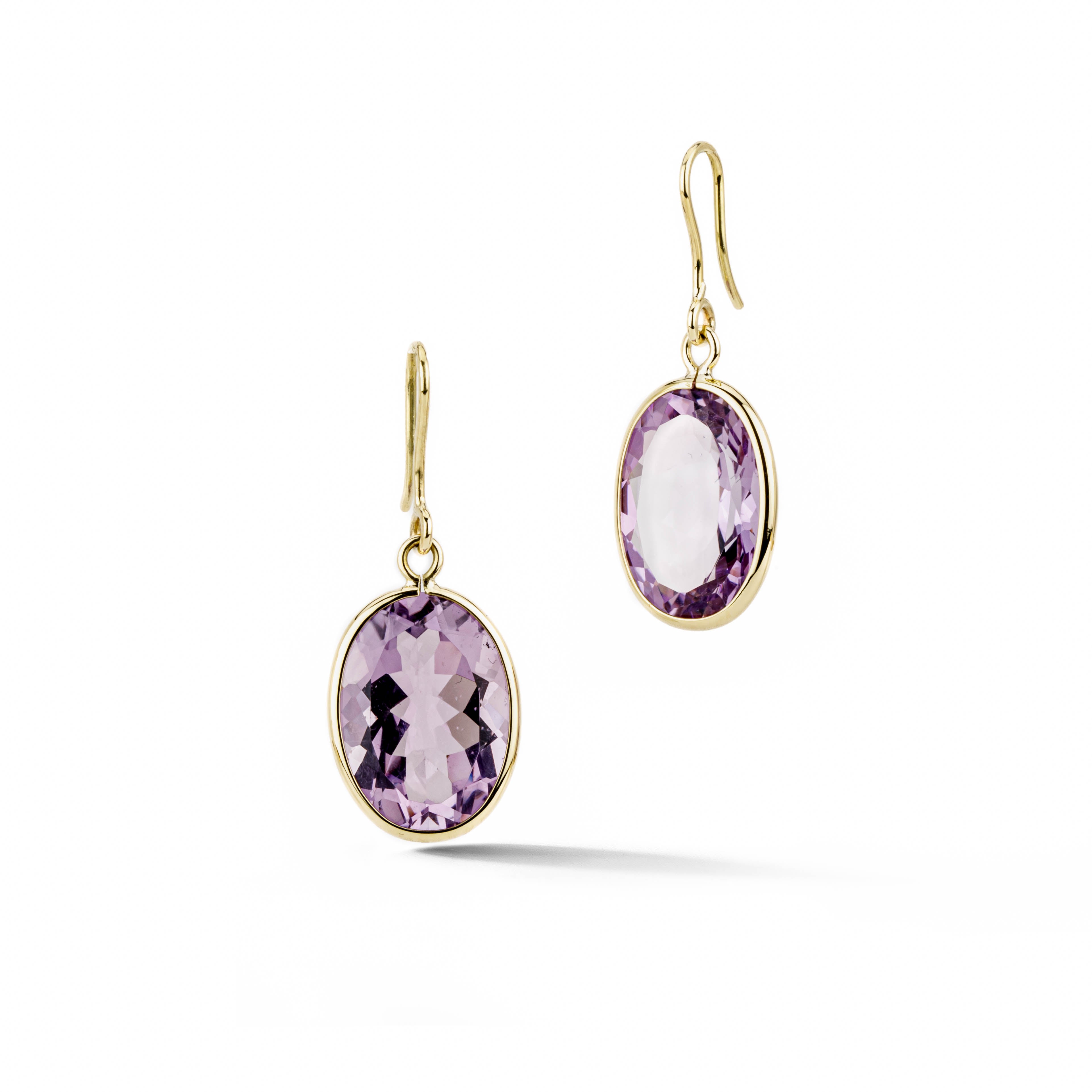 18k yellow gold drop earrings with large oval bezel-set amethyst gemstones on french backs
