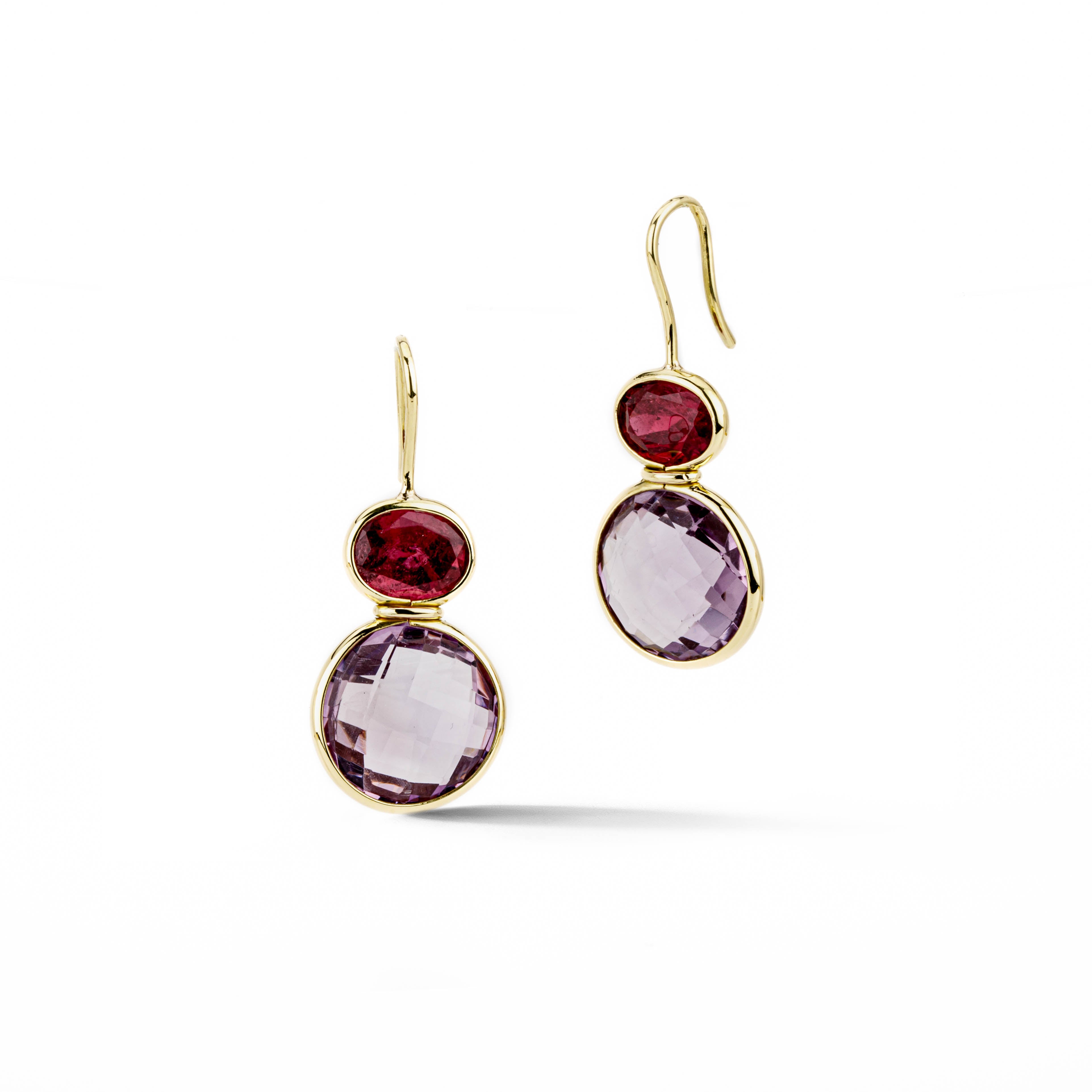 18k yellow gold drop earrings with oval pink tourmaline and round checkerboard-cut amethyst, bezel set on french backs